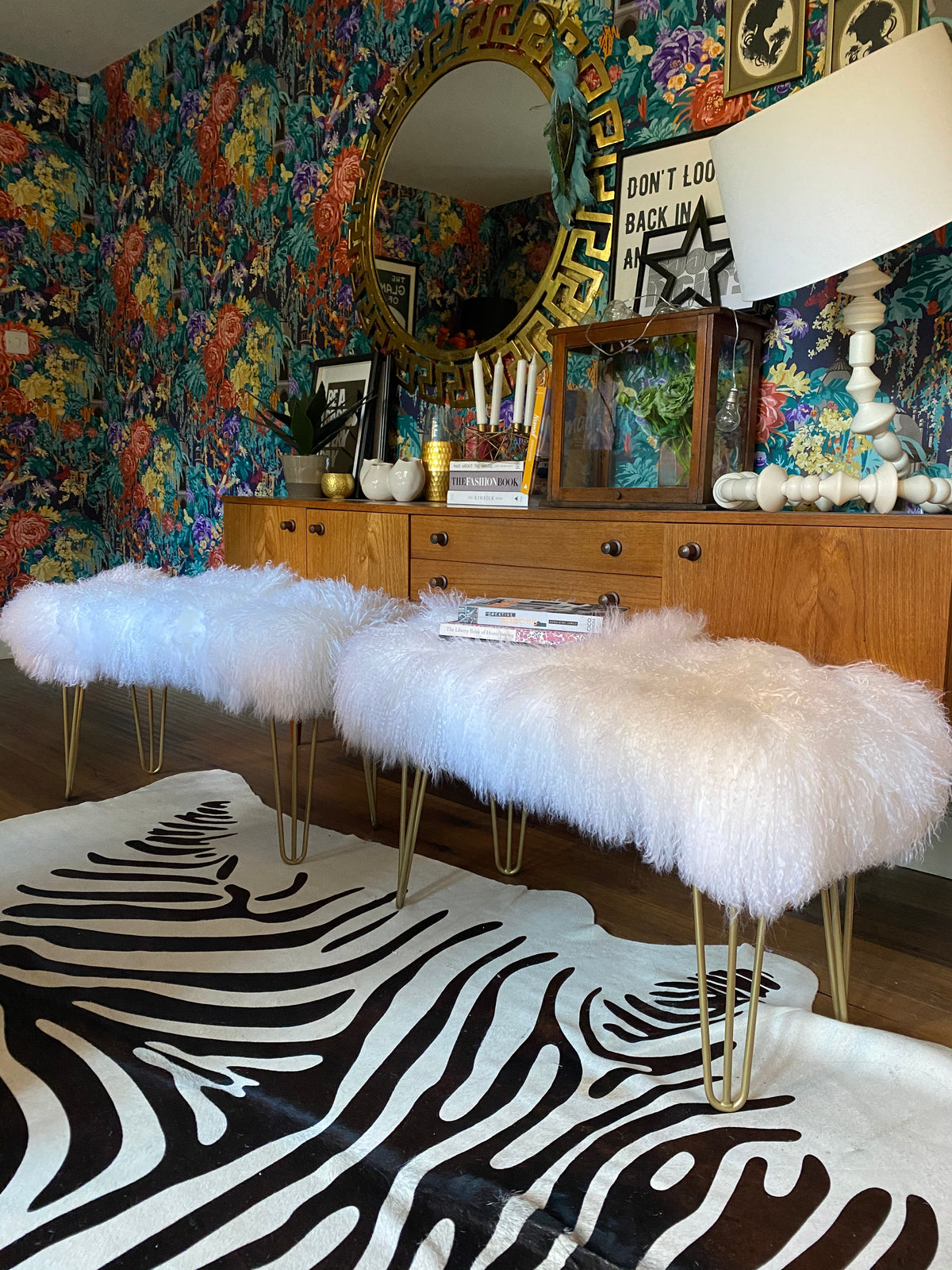 White mongolian sheepskin upholstered bench with gold hairpin legs 