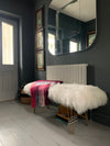White mongolian sheepskin extra large upholstered bench with gold hairpin legs