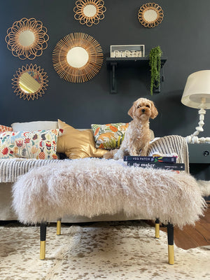 footstool mongolian sheepskin with mid century legs