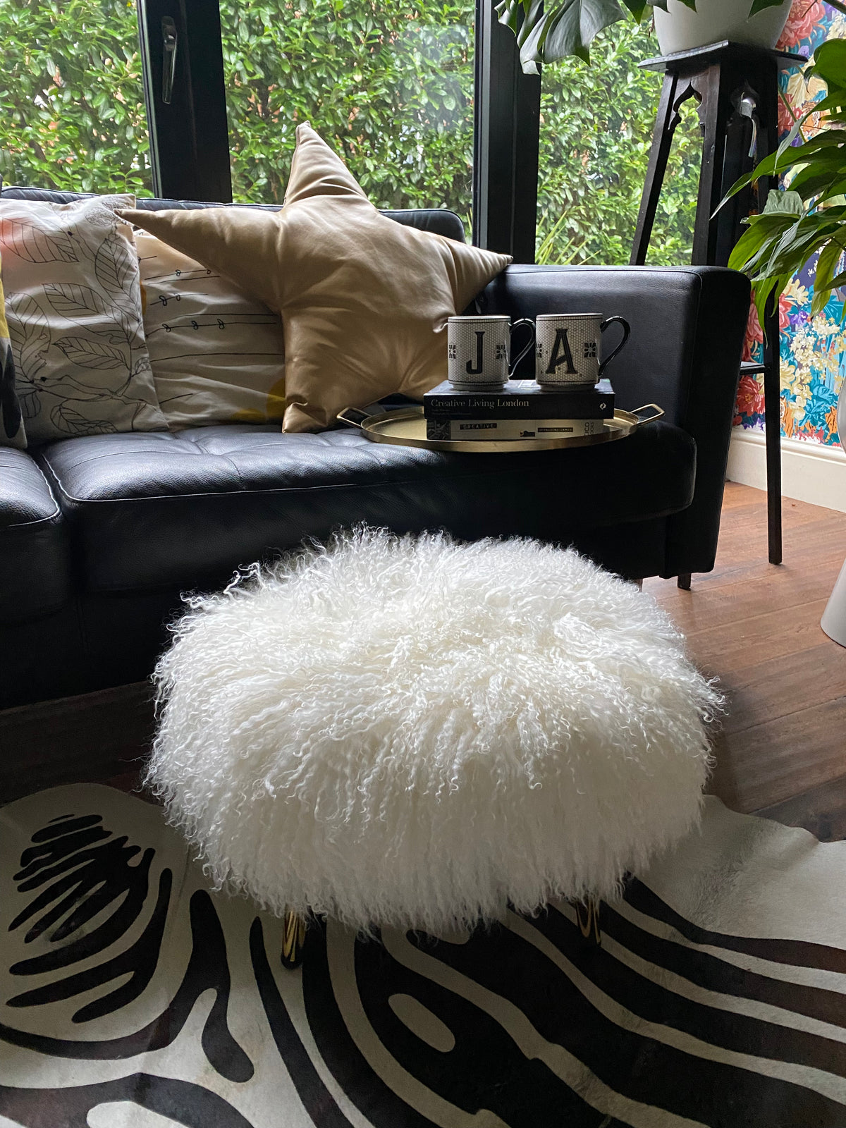 round footstool mongolian sheepkin brass legs