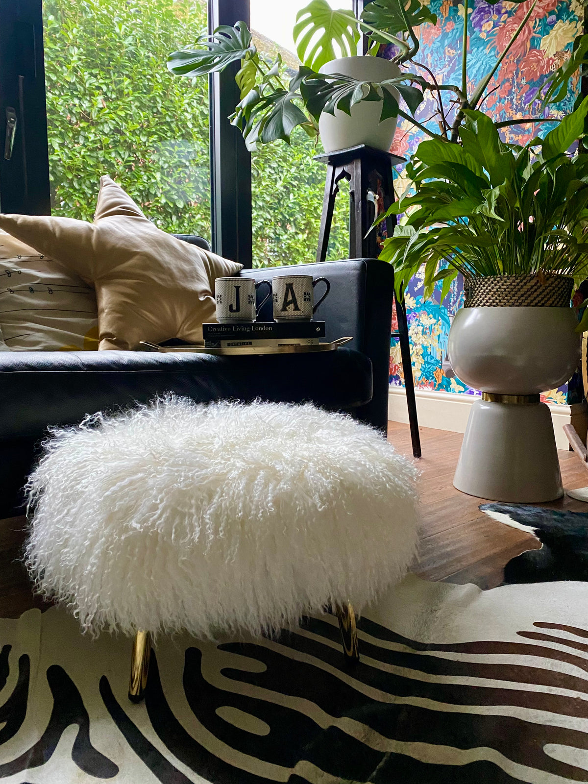 round footstool mongolian sheepkin brass legs