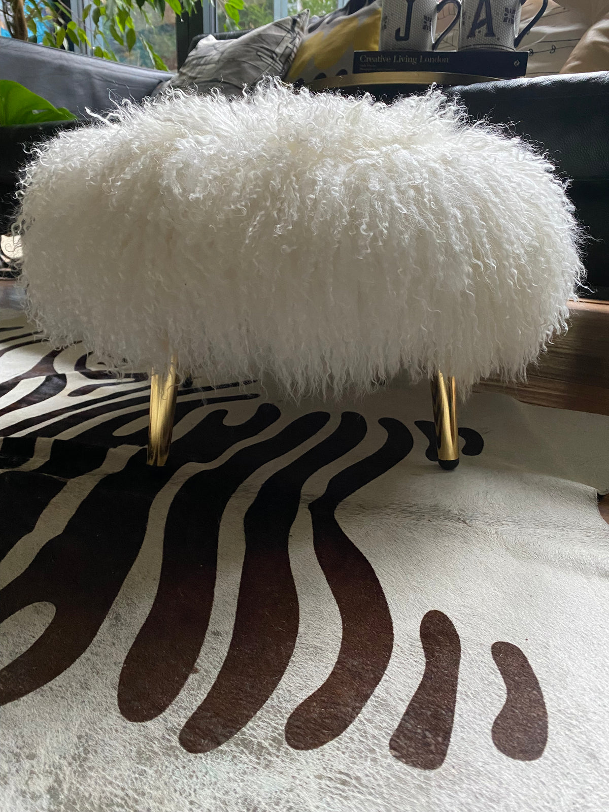 round footstool mongolian sheepkin brass legs