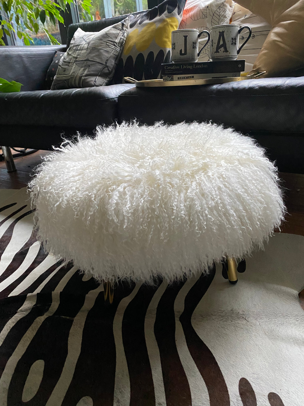 round footstool mongolian sheepkin brass legs