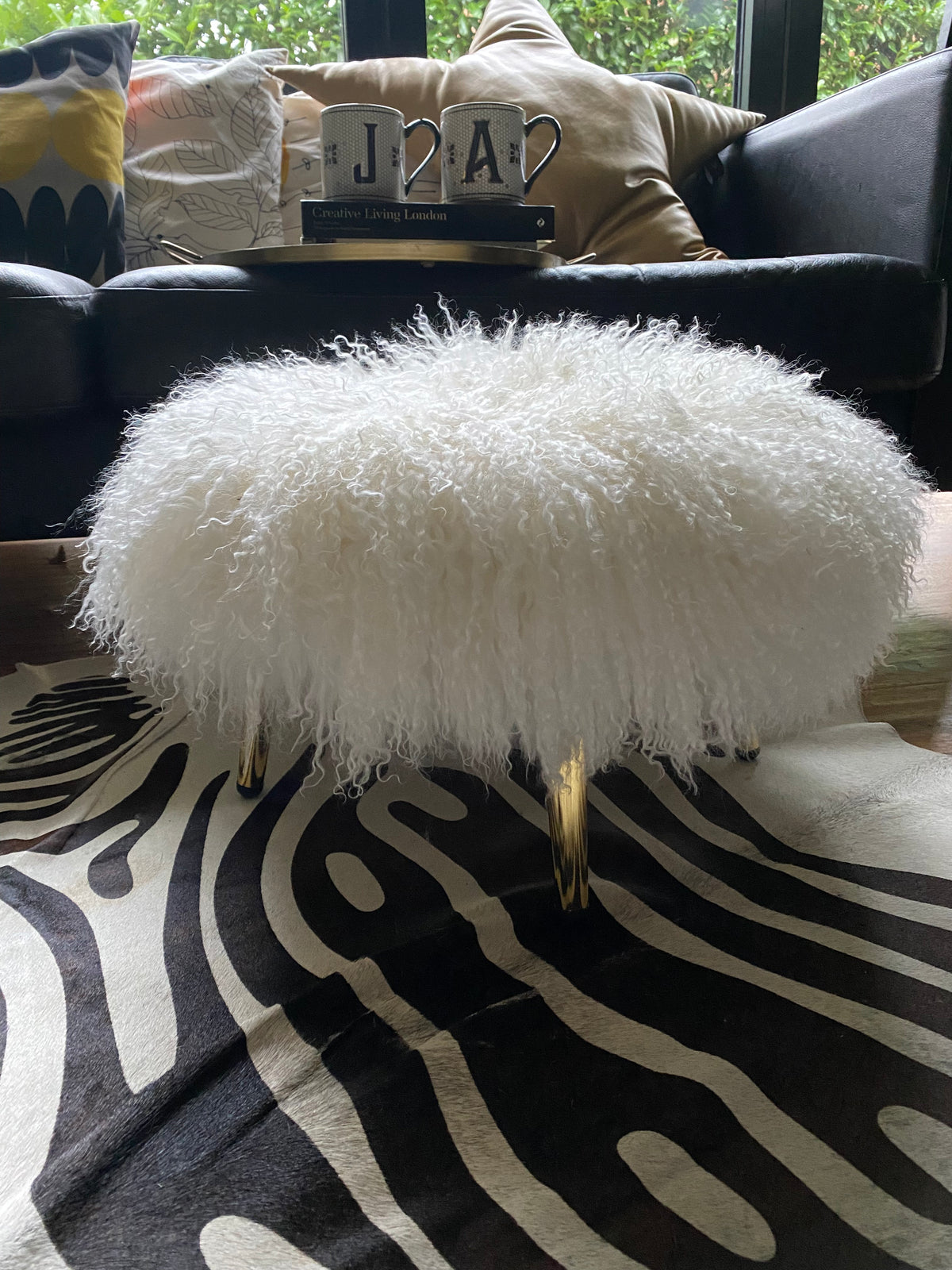 round footstool mongolian sheepkin brass legs