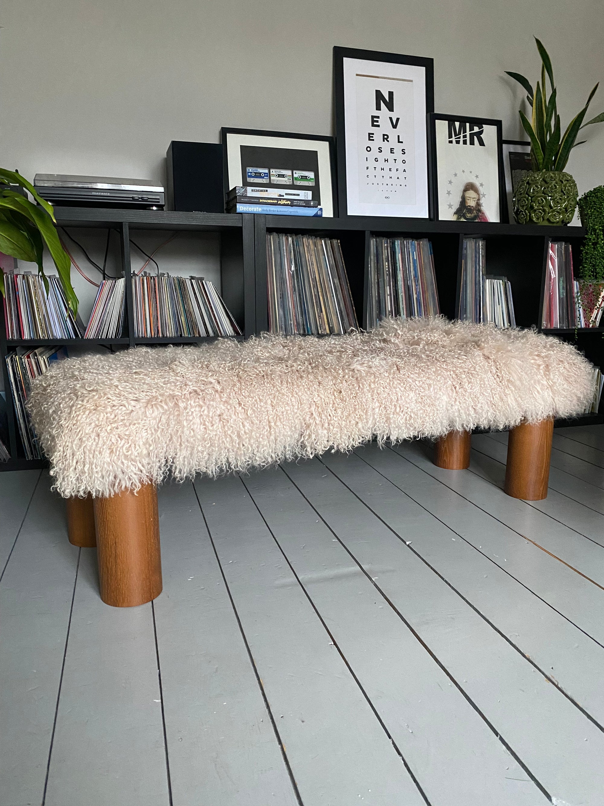 curvy cylindrical leg mongolian sheepskin footstool 