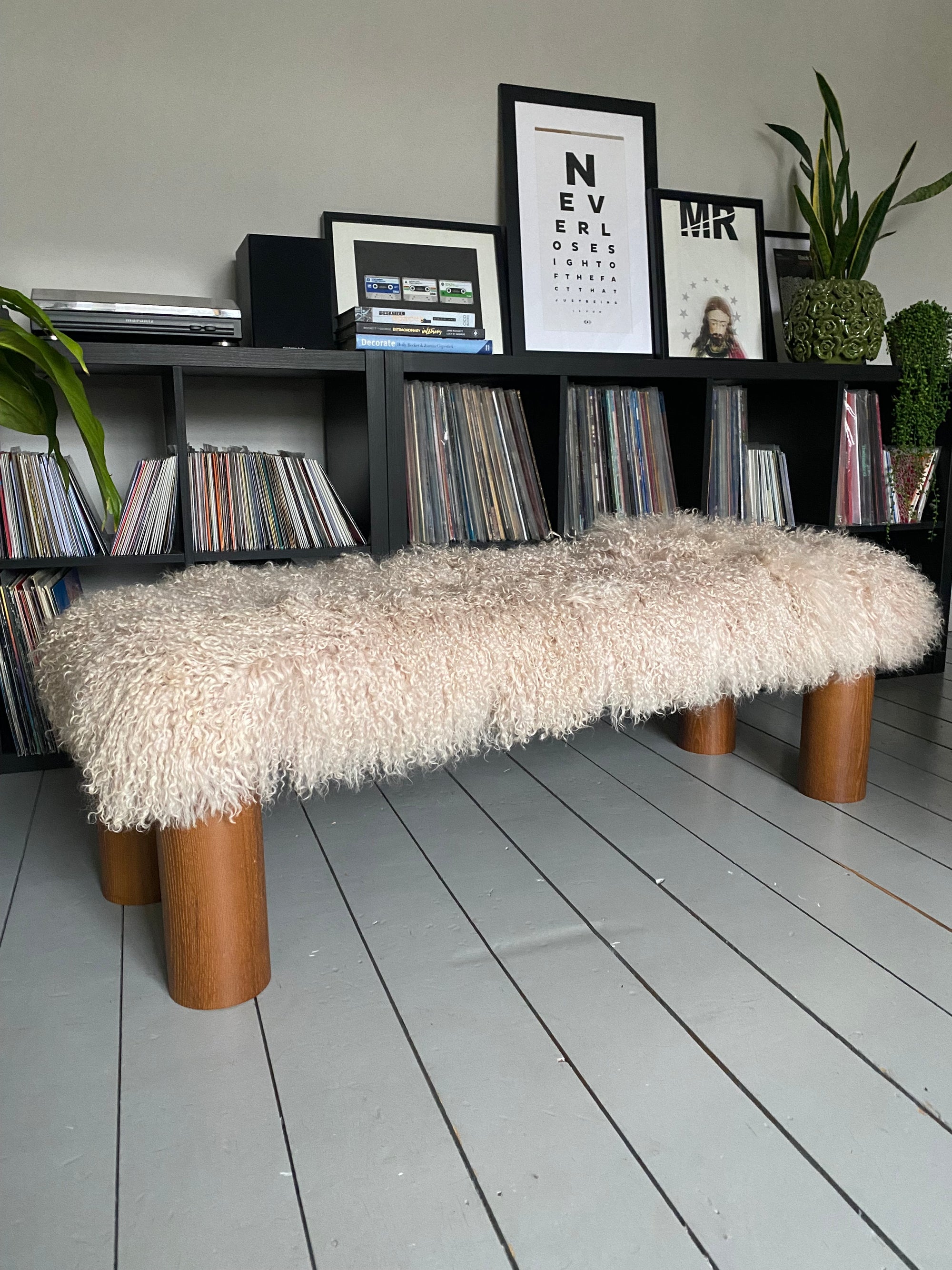 curvy cylindrical leg mongolian sheepskin footstool 