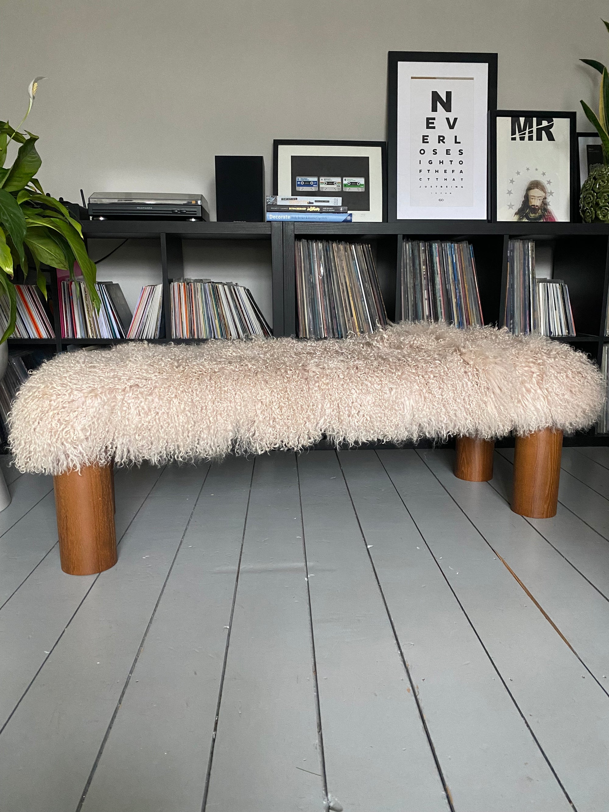 curvy cylindrical leg mongolian sheepskin footstool 