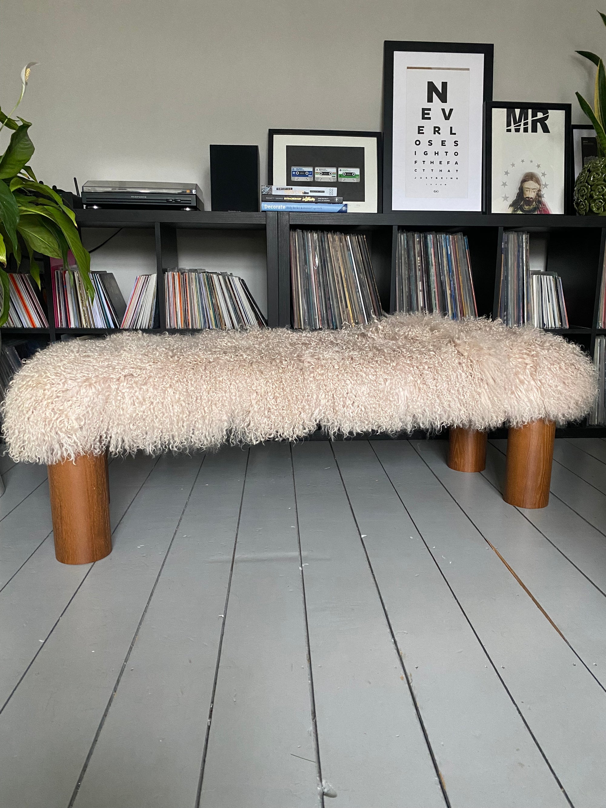 curvy cylindrical leg mongolian sheepskin footstool 