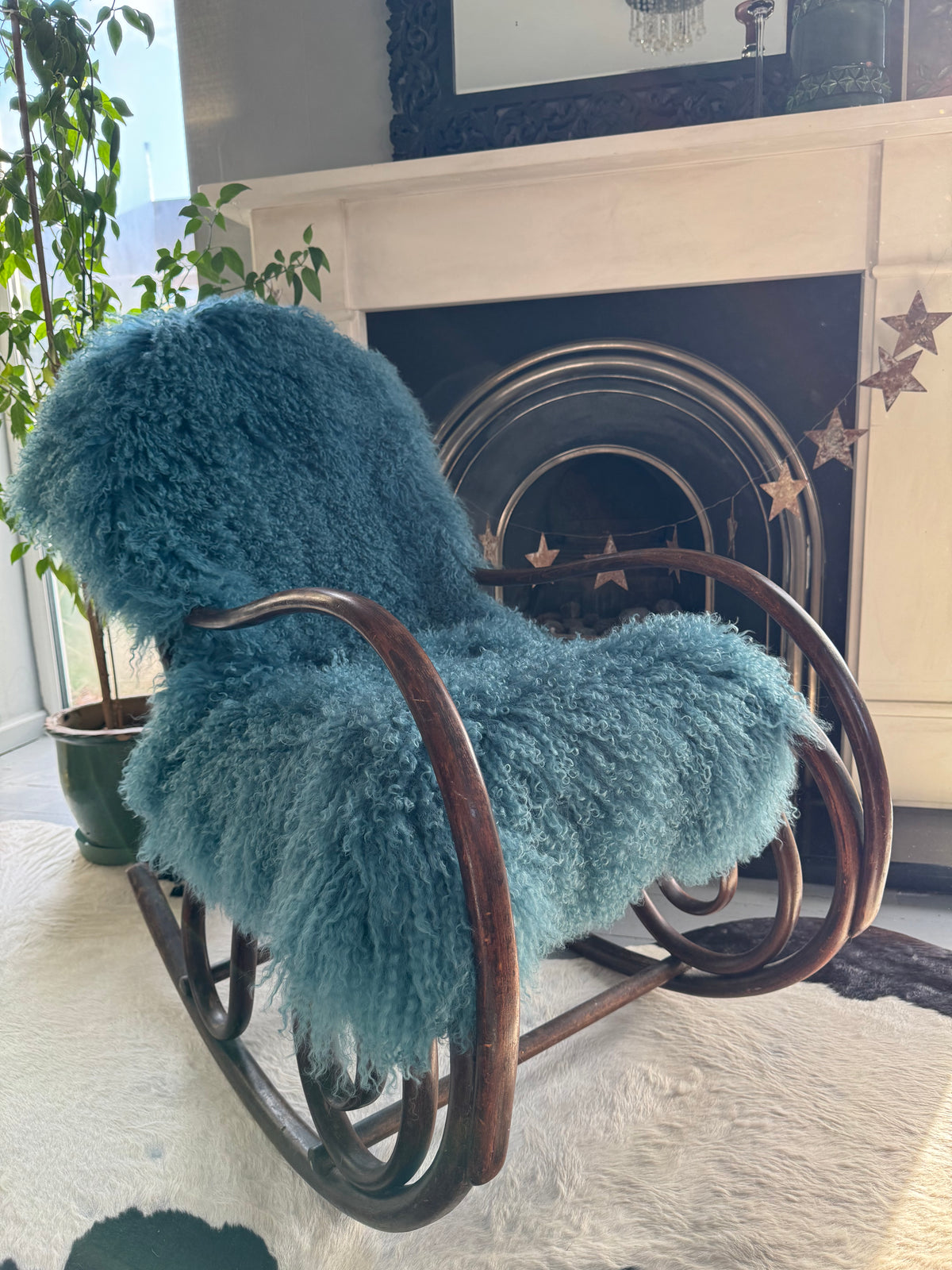 Teal blue green mongolian sheepskin throw rug 