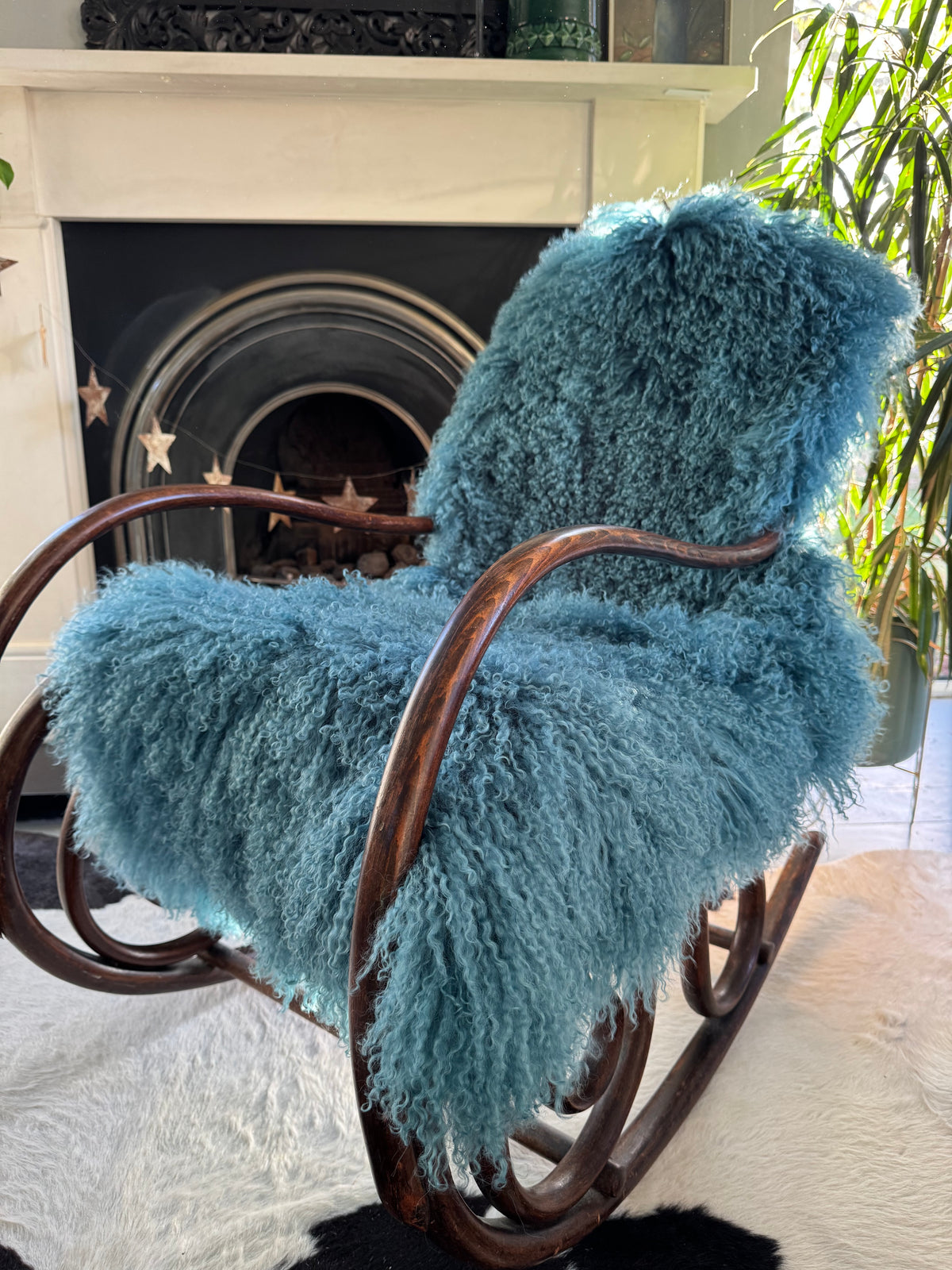 teal blue green mongolian sheepskin throw rug 