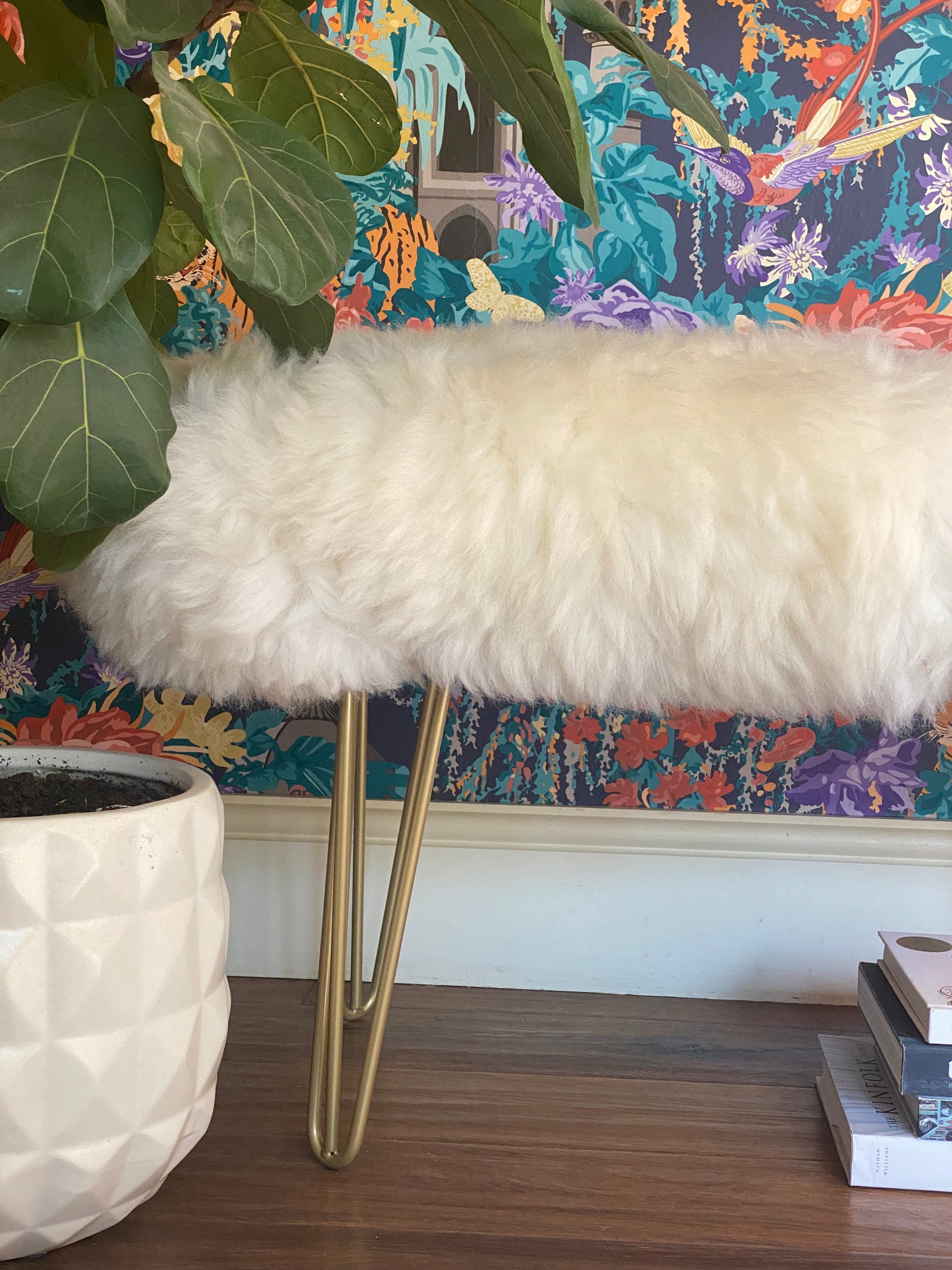ENGLISH SHEEPSKIN RECTANGULAR FOOTSTOOL BENCH 