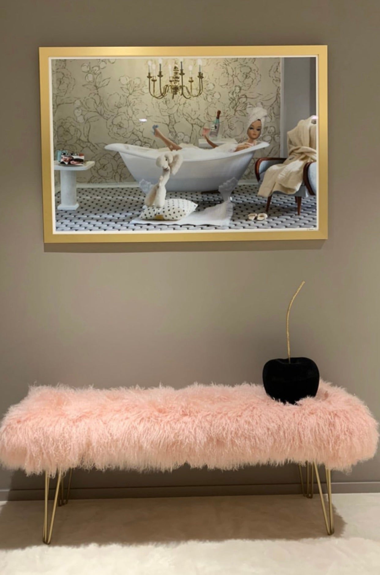 Blush Pink extra large mongolian upholstered metallic hairpin leg bench