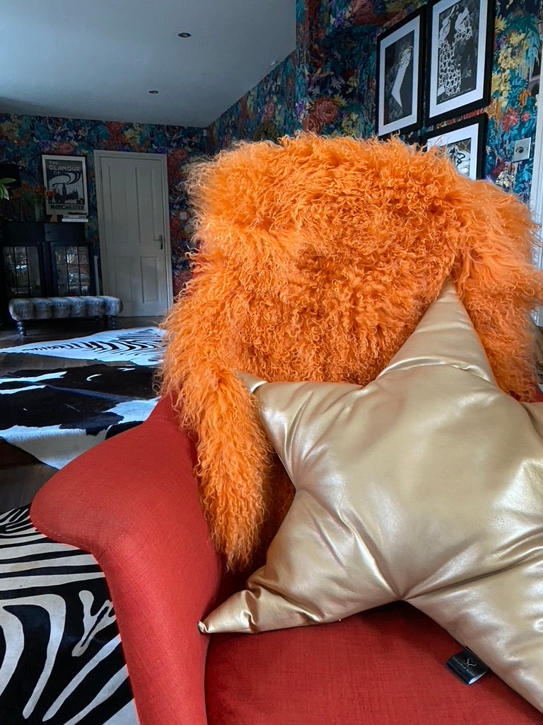BRIGHT ORANGE MONGOLIAN SHEEPSKin throw