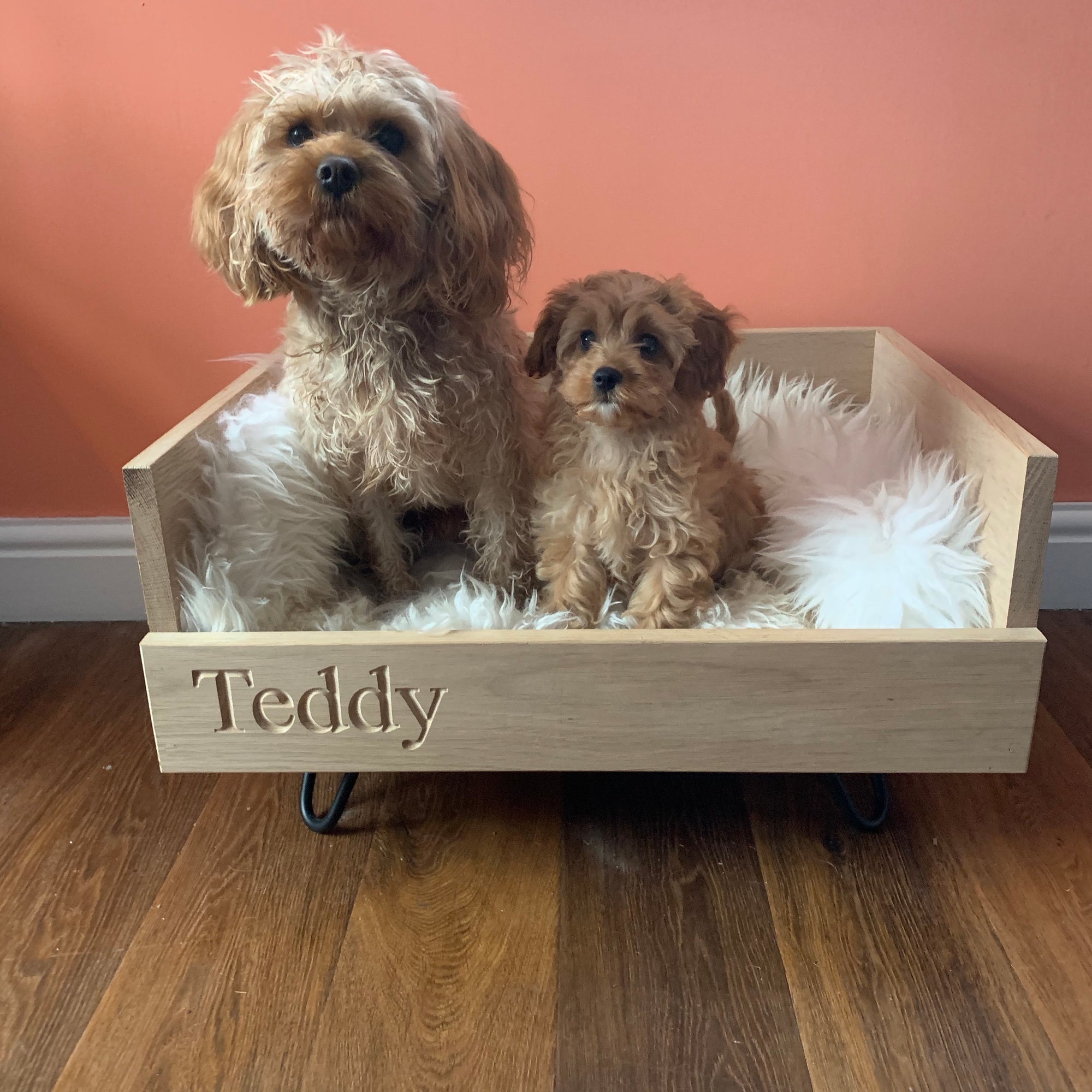 oak personalised hairpin leg midcentury personalised dog cat bed  Edit alt text