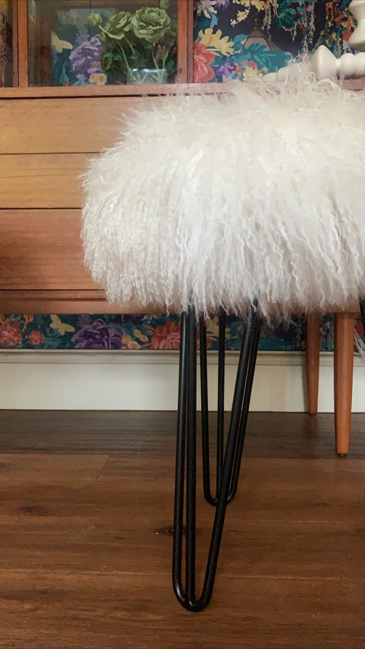 white Mongolian Sheepskin console stool