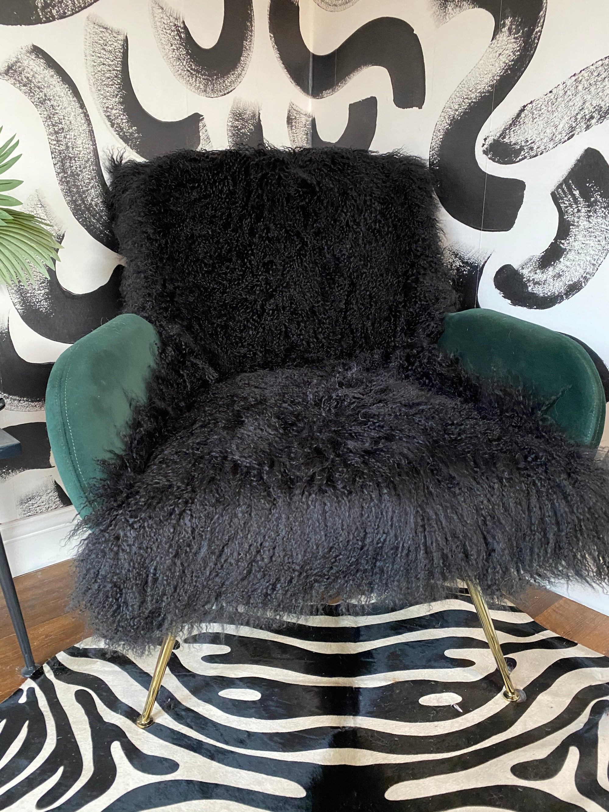 BLACK mongolian sheepskin throw runner rug