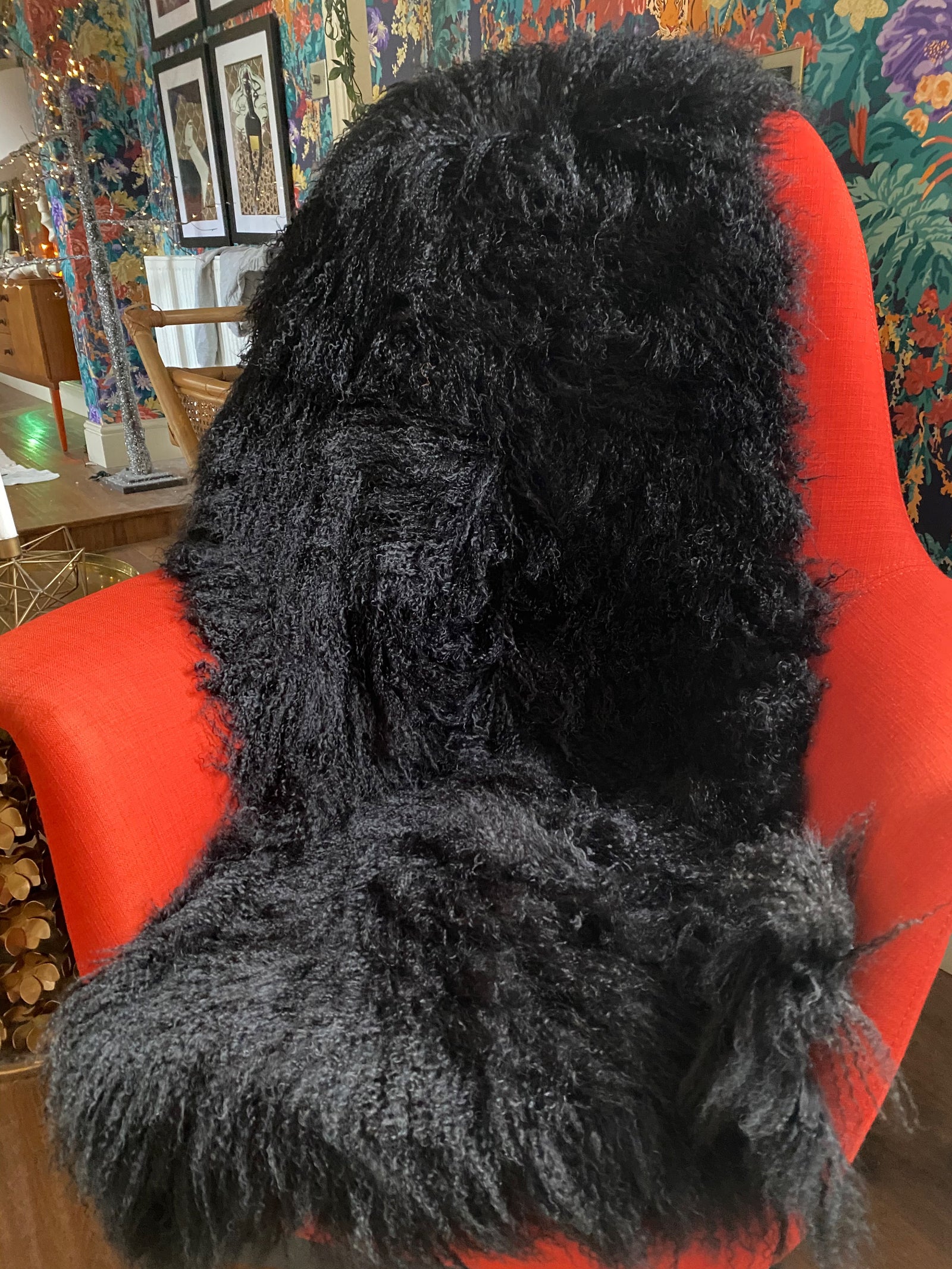 BLACK  mongolian sheepskin throw runner rug