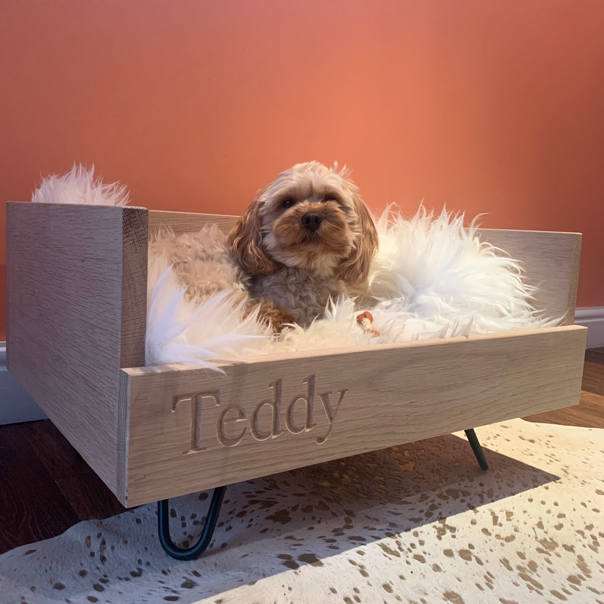 oak personalised hairpin leg midcentury personalised dog cat bed  Edit alt text
