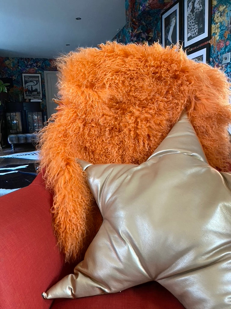 BRIGHT ORANGE MONGOLIAN SHEEPSKin throw