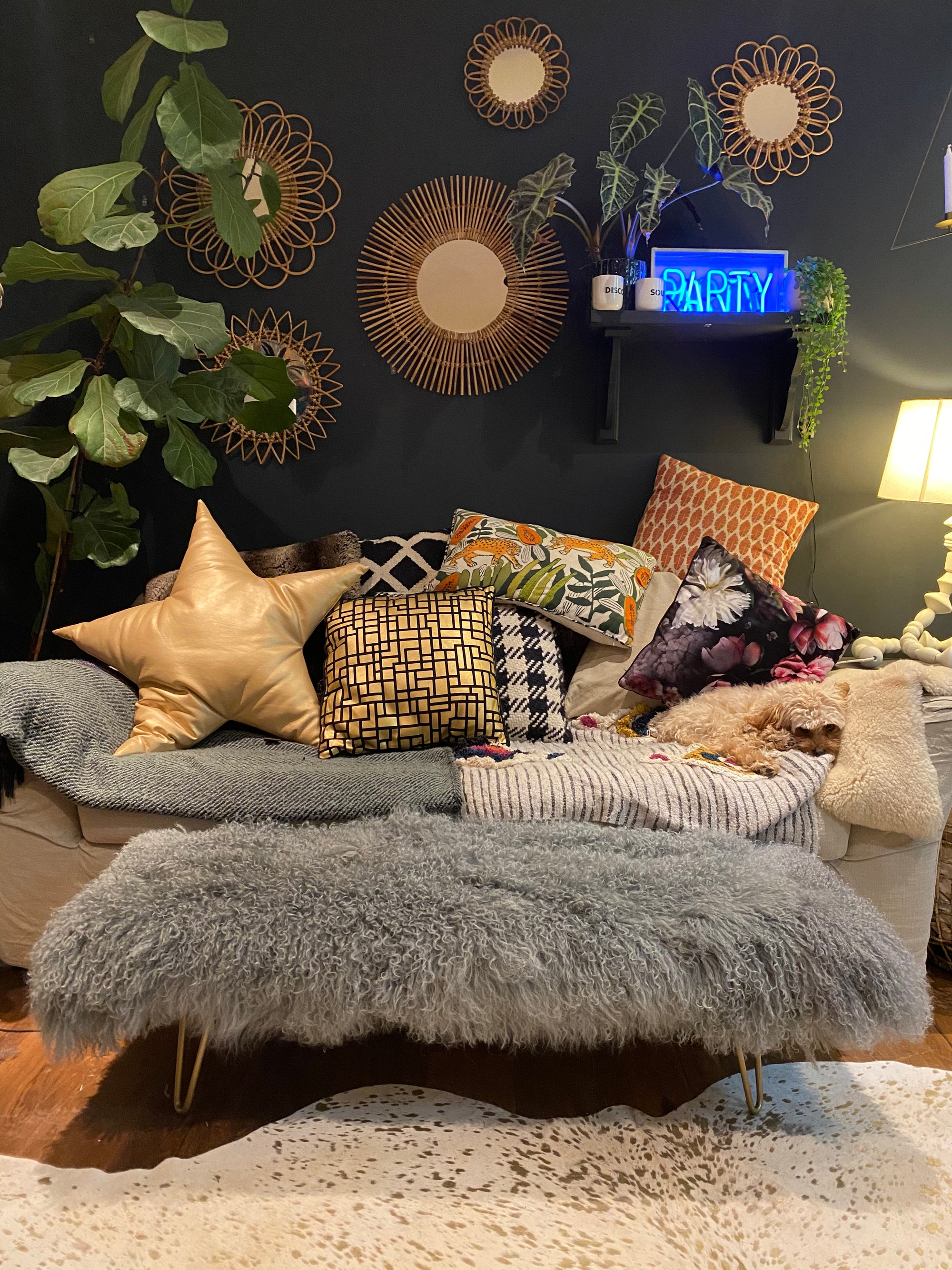 grey mongolian sheepskin footstool with gold hairpin legs  Edit alt text