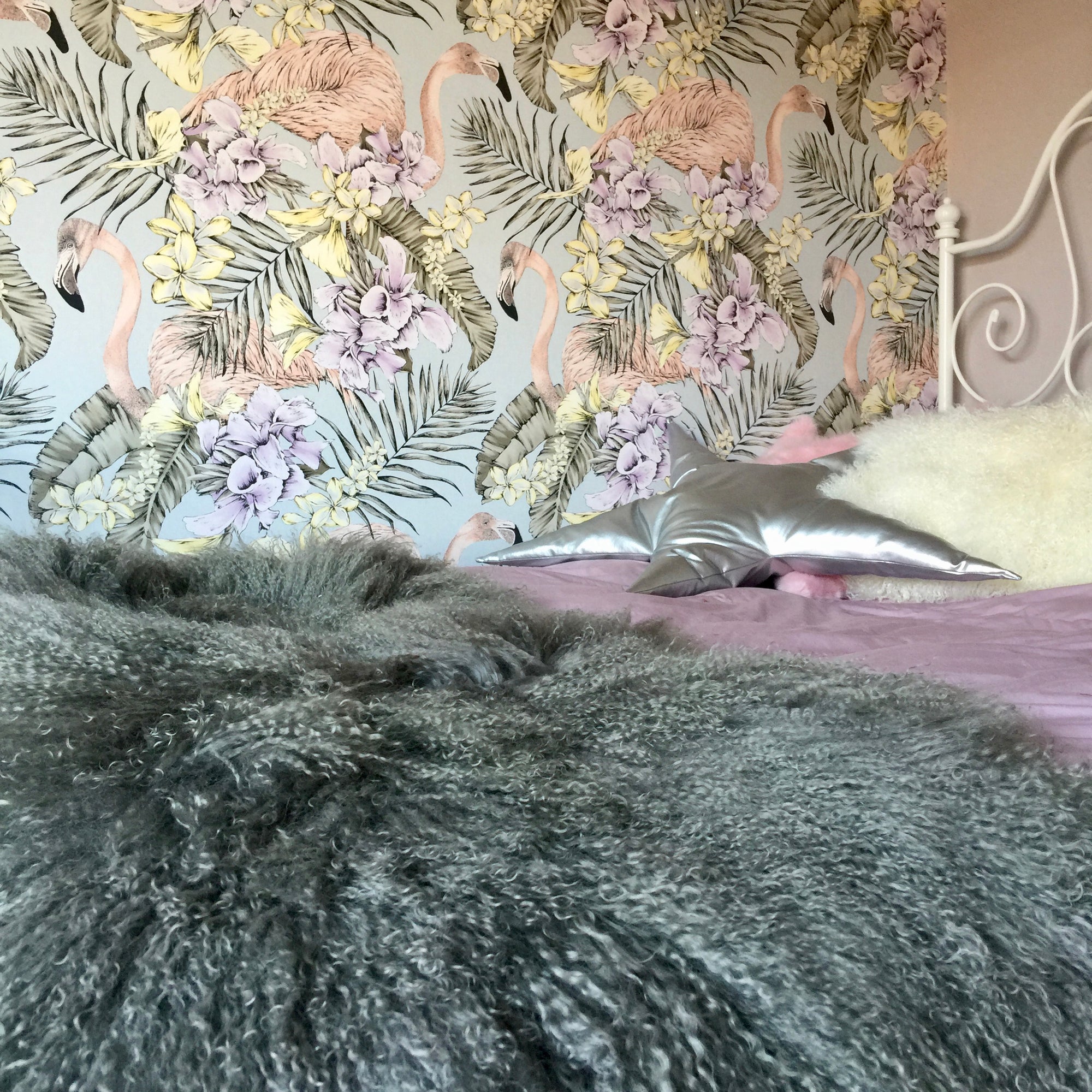 grey mongolian Sheepskin rug throw sheet