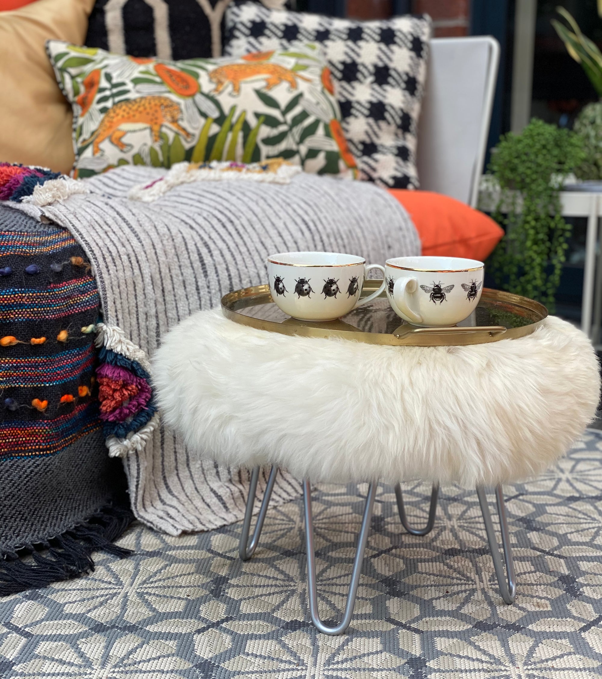 round sheepskin footstool pouffe hairpin leg