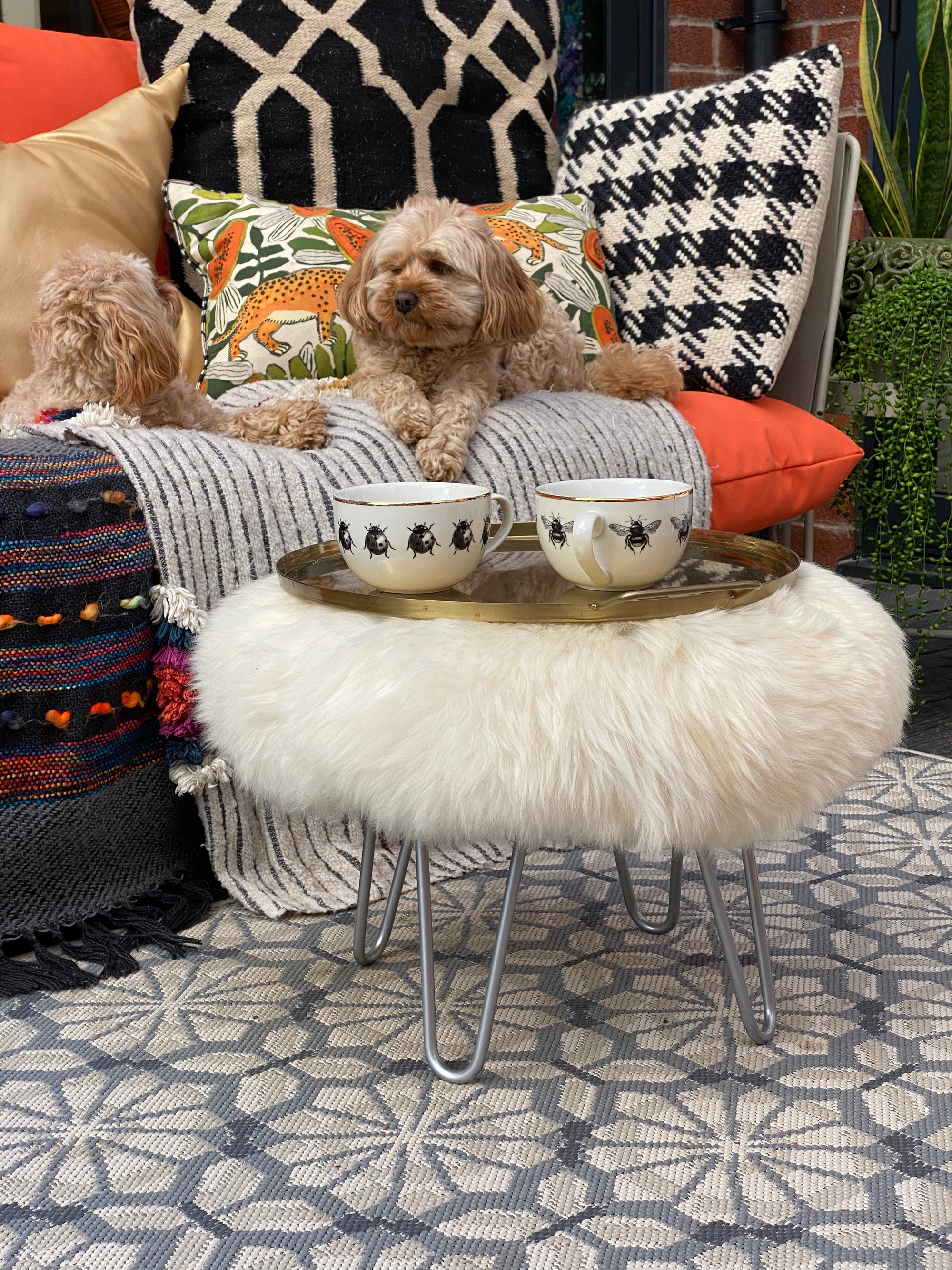 round sheepskin footstool pouffe hairpin leg