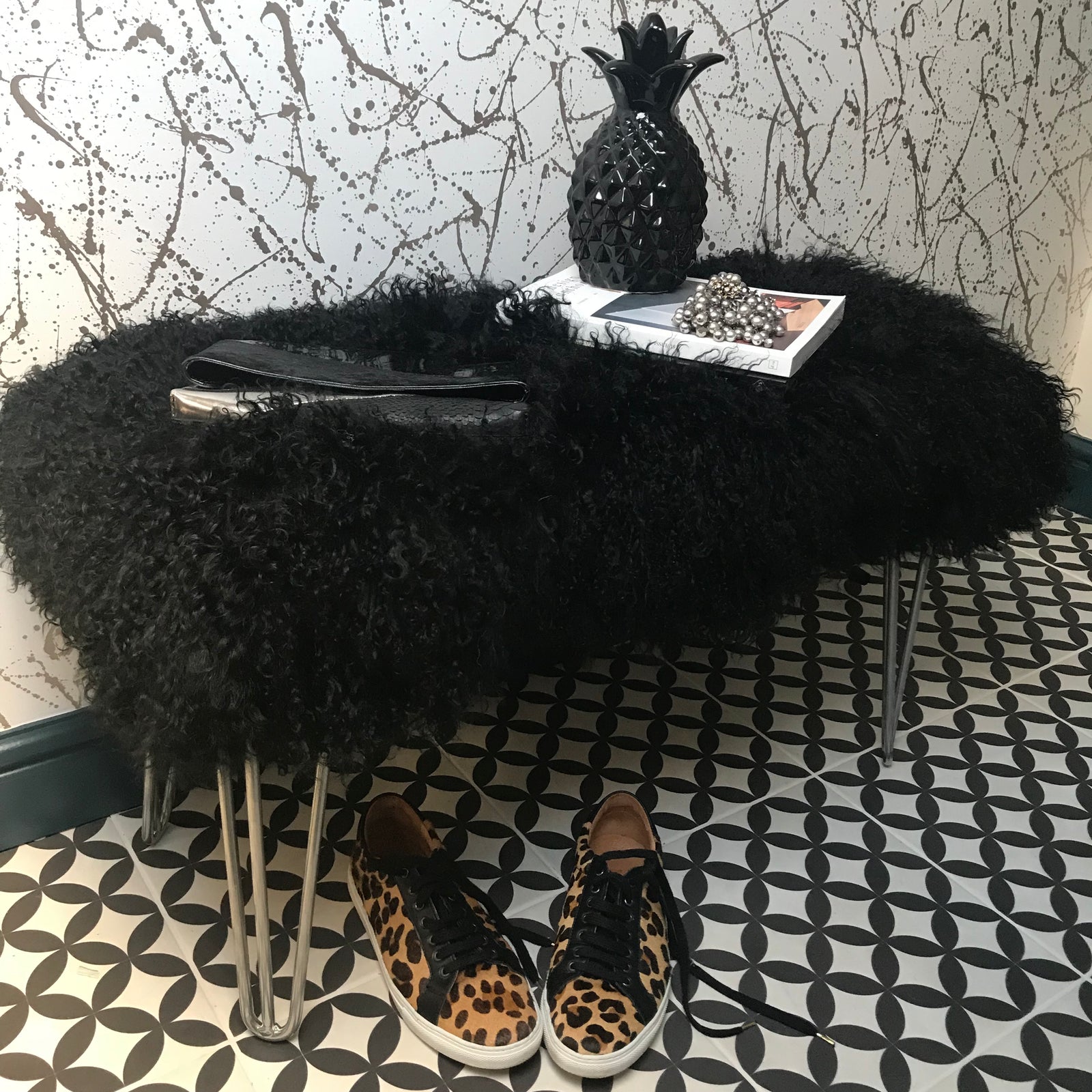 Black Mongolian Sheepskin upholstered bench with hairpin legs