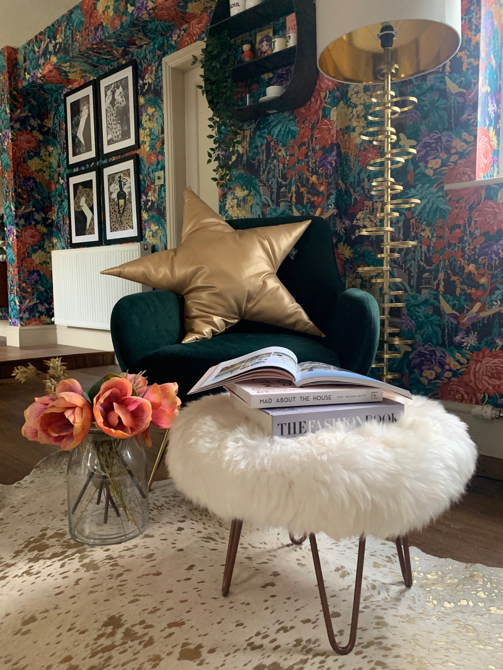 round sheepskin footstool pouffe hairpin leg