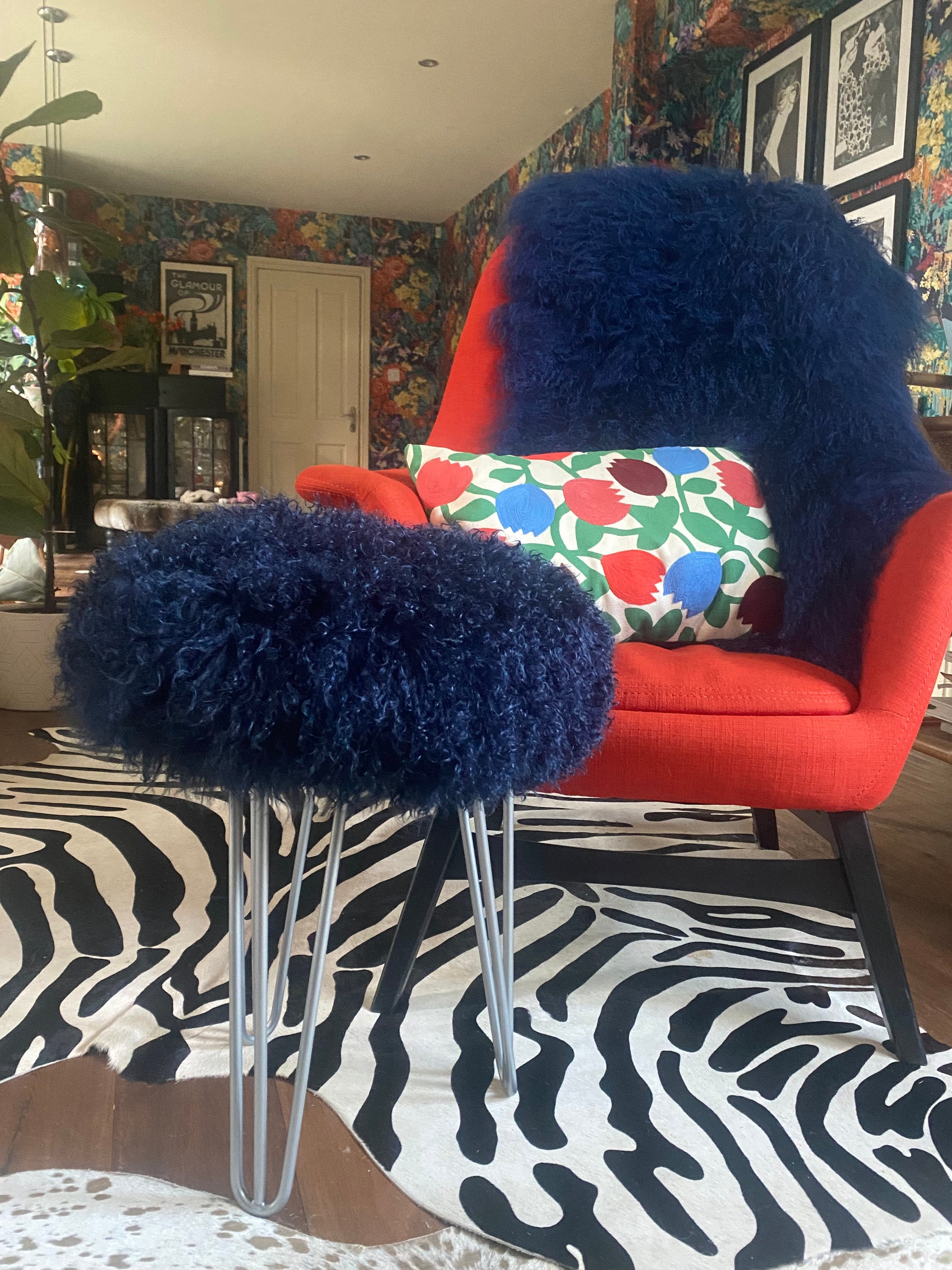 dark blue Mongolian Sheepskin console stool