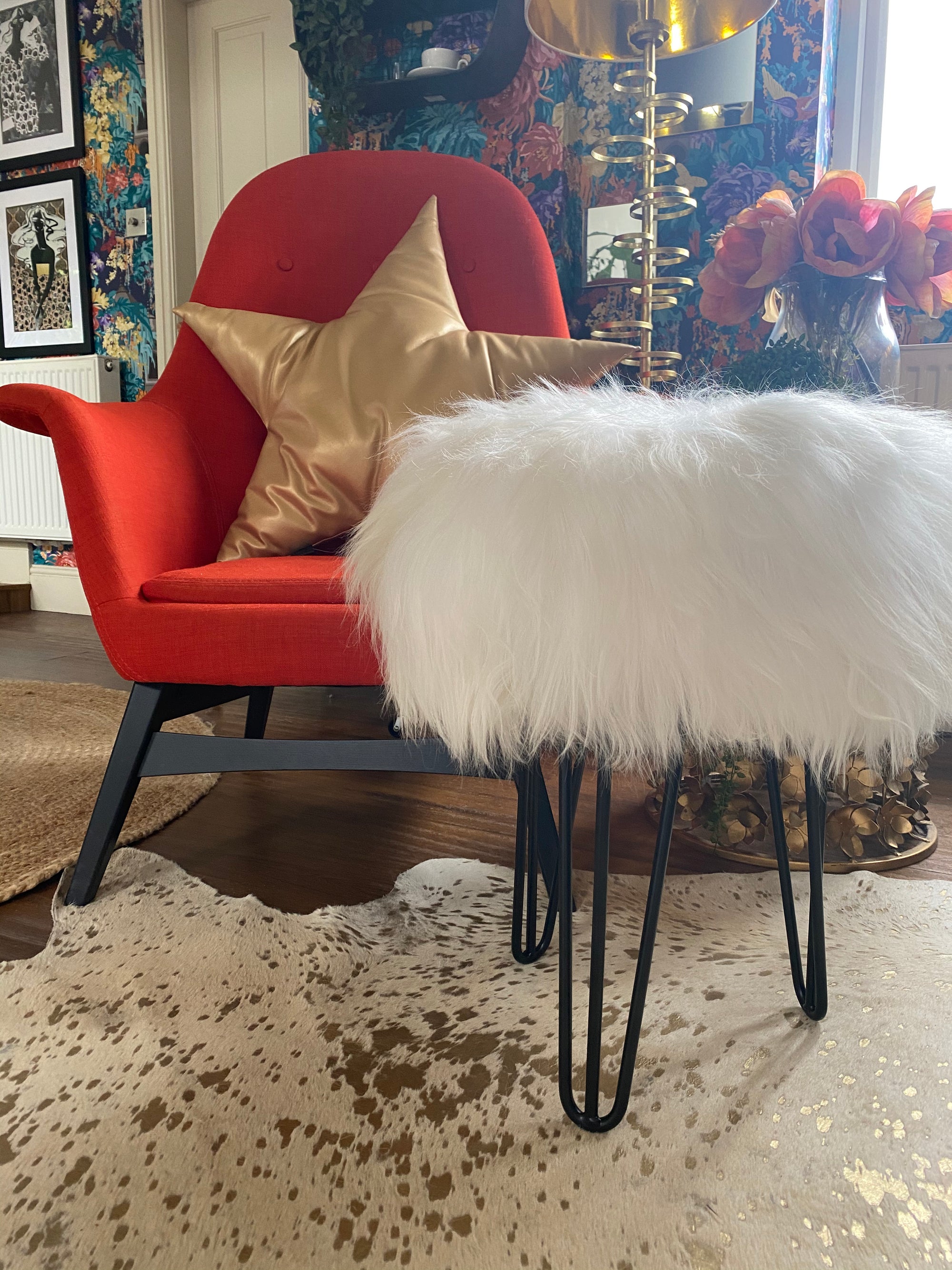 white icelandic stool with hairpin legs