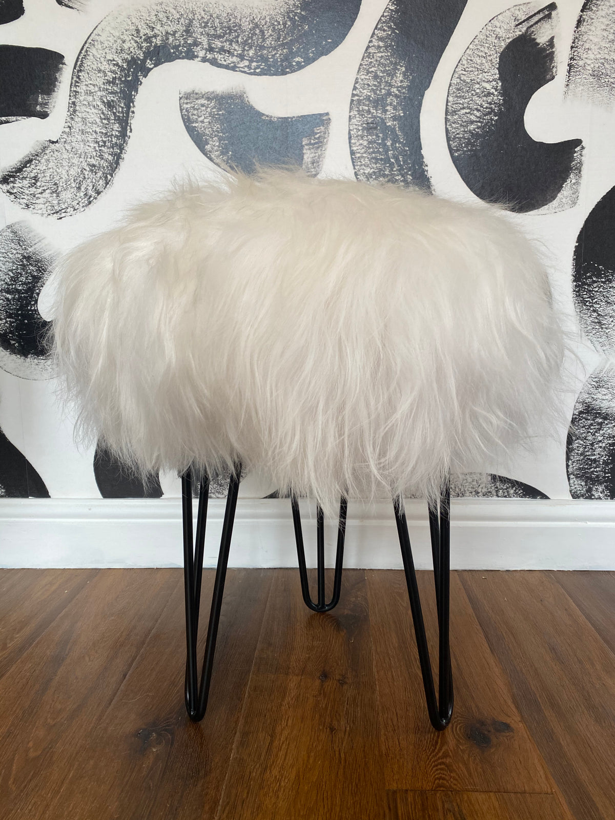 white icelandic stool with hairpin legs