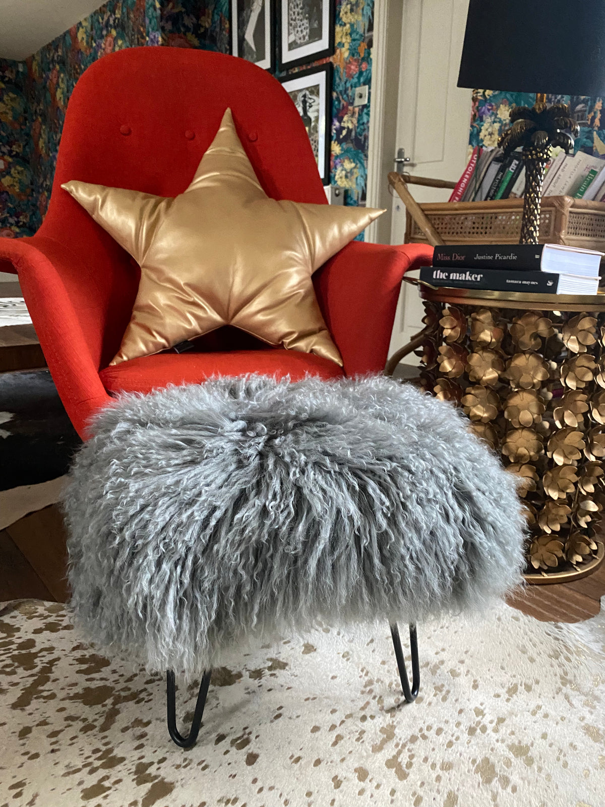 Grey Mongolian Footstool
