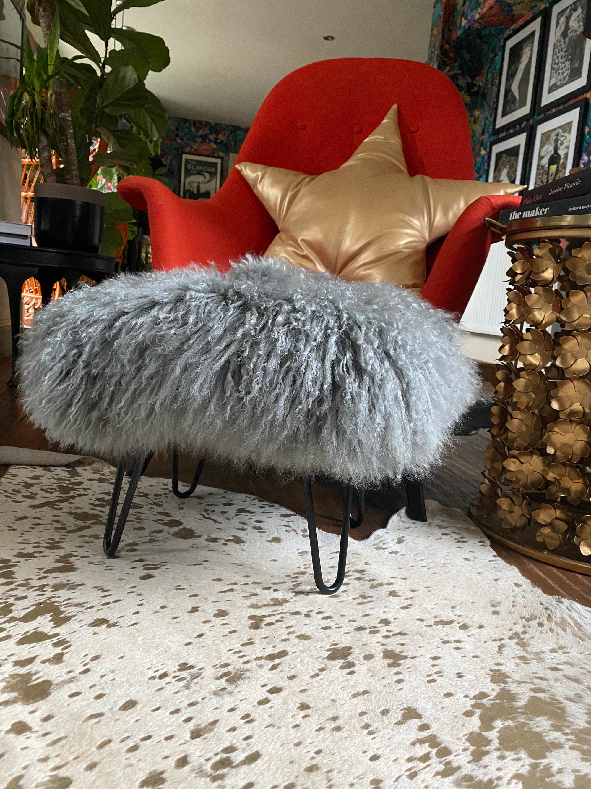 small grey mongolian footstool 