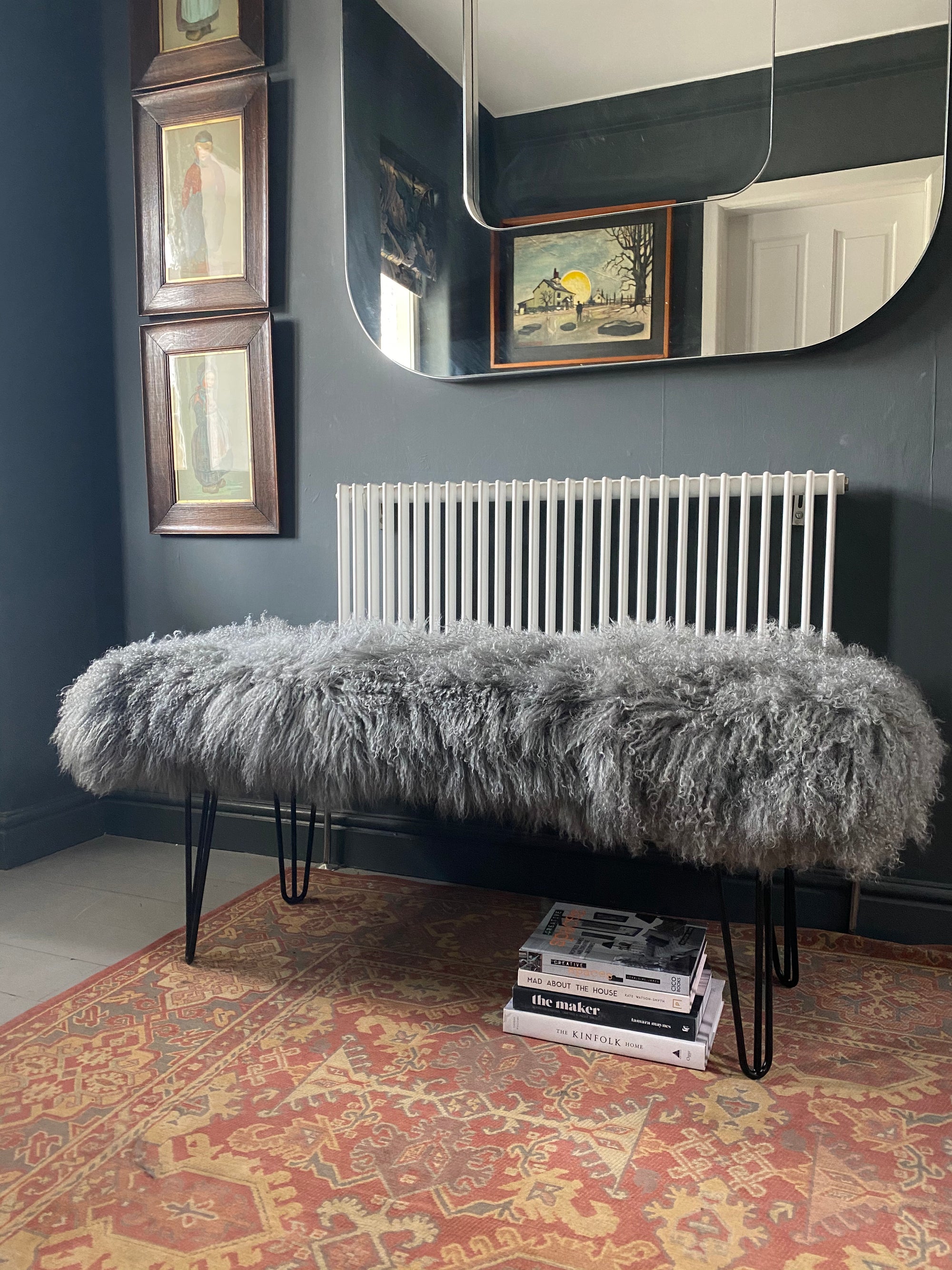 grey mongolian sheepskin extra large bench with hairpin legs