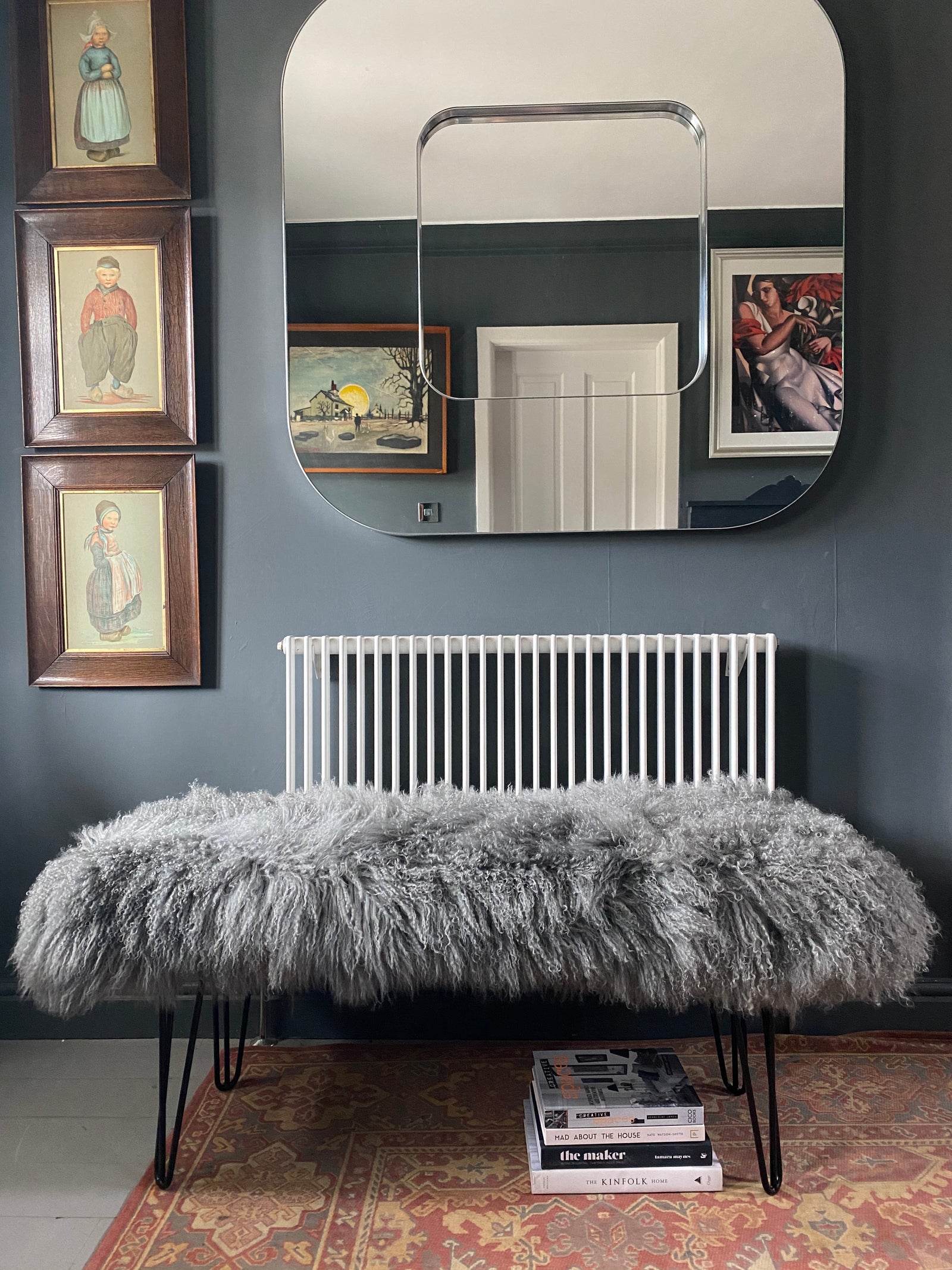 grey mongolian sheepskin extra large bench with hairpin legs