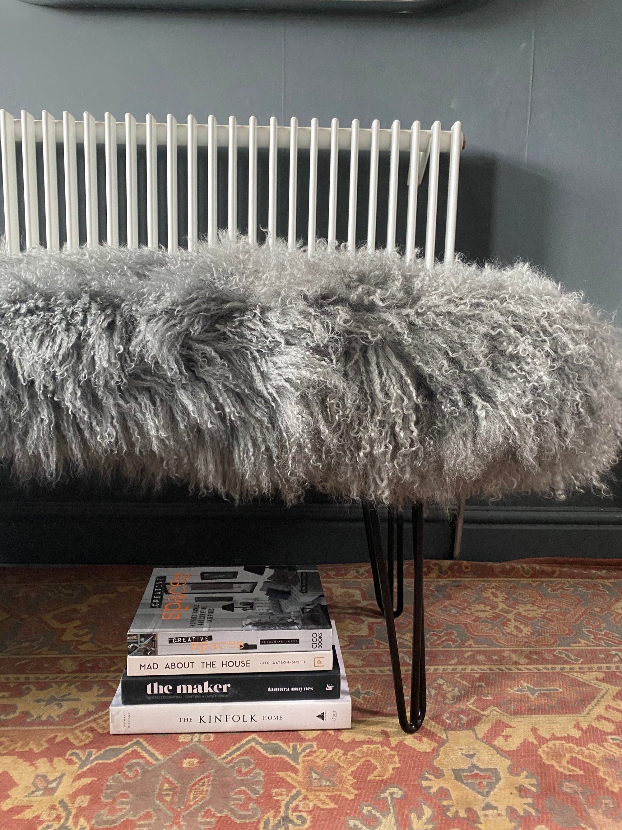 grey mongolian sheepskin extra large bench with hairpin legs