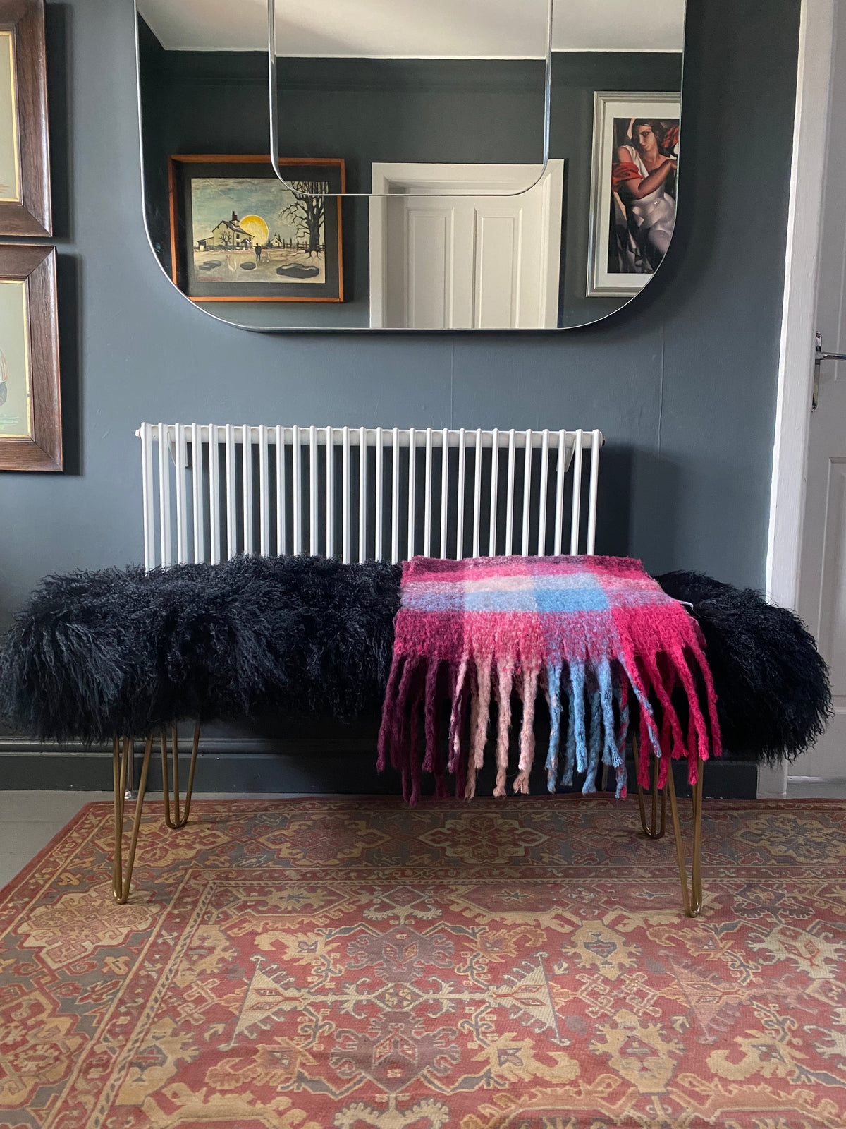 black Mongolian Sheepskin bench