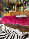 Magenta pink mongolian sheepskin upholstered bench with hairpin legs
