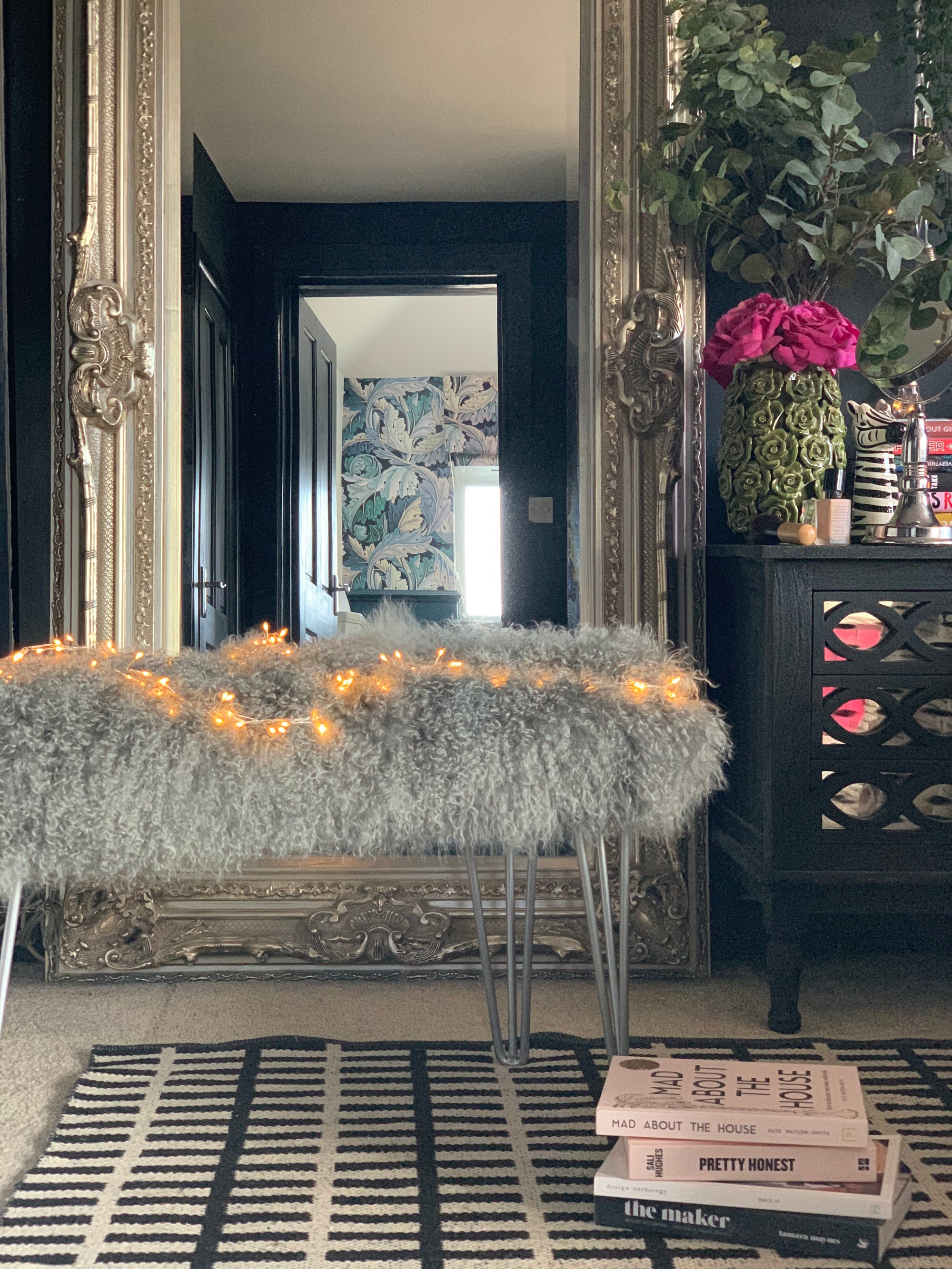 grey mongolian sheepskin bench with hairpin legs 