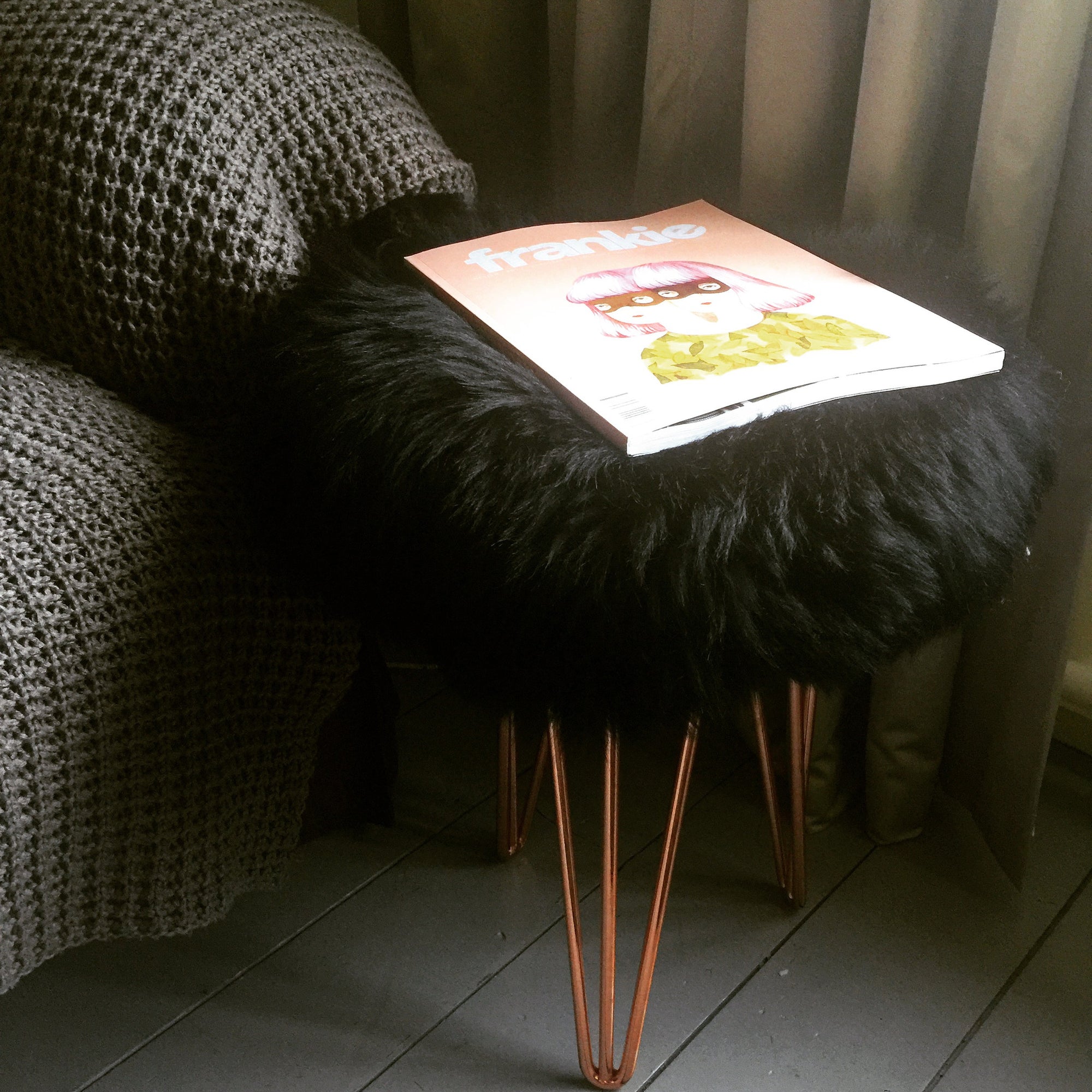 Black Sheepskin Stool with hairpin legs 