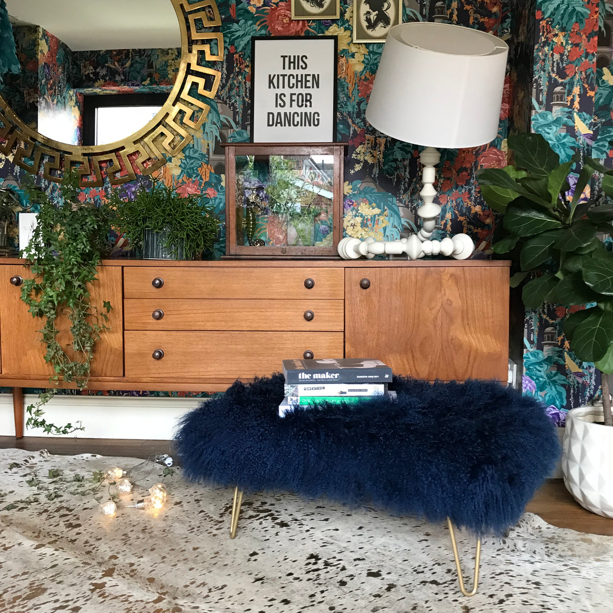 dark blue mongolian sheepskin footstool