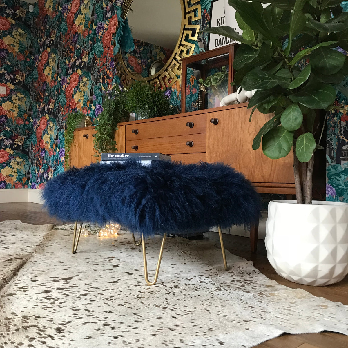 dark blue mongolian sheepskin footstool