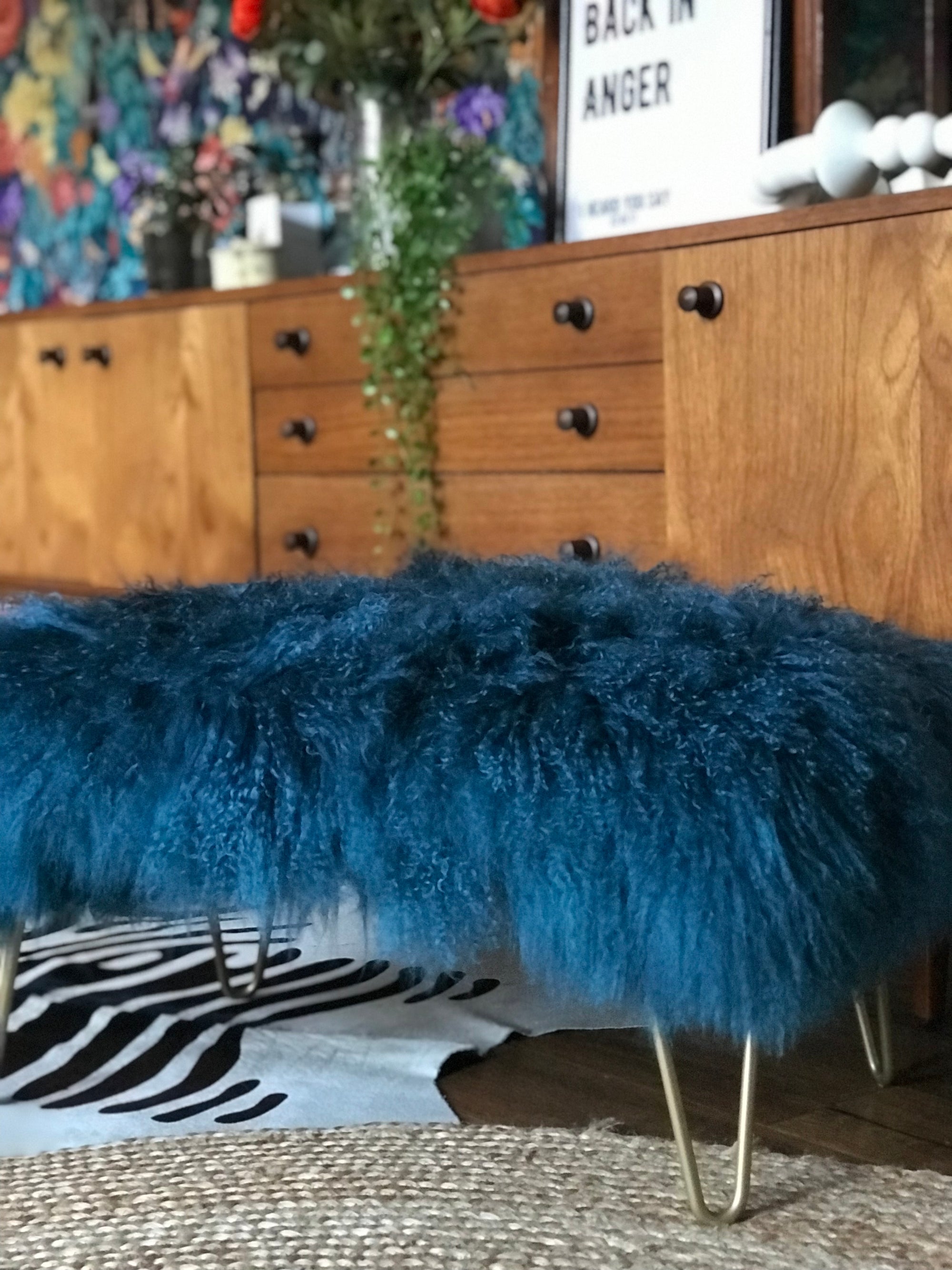 Mongolian Sheepskin footstool in teal