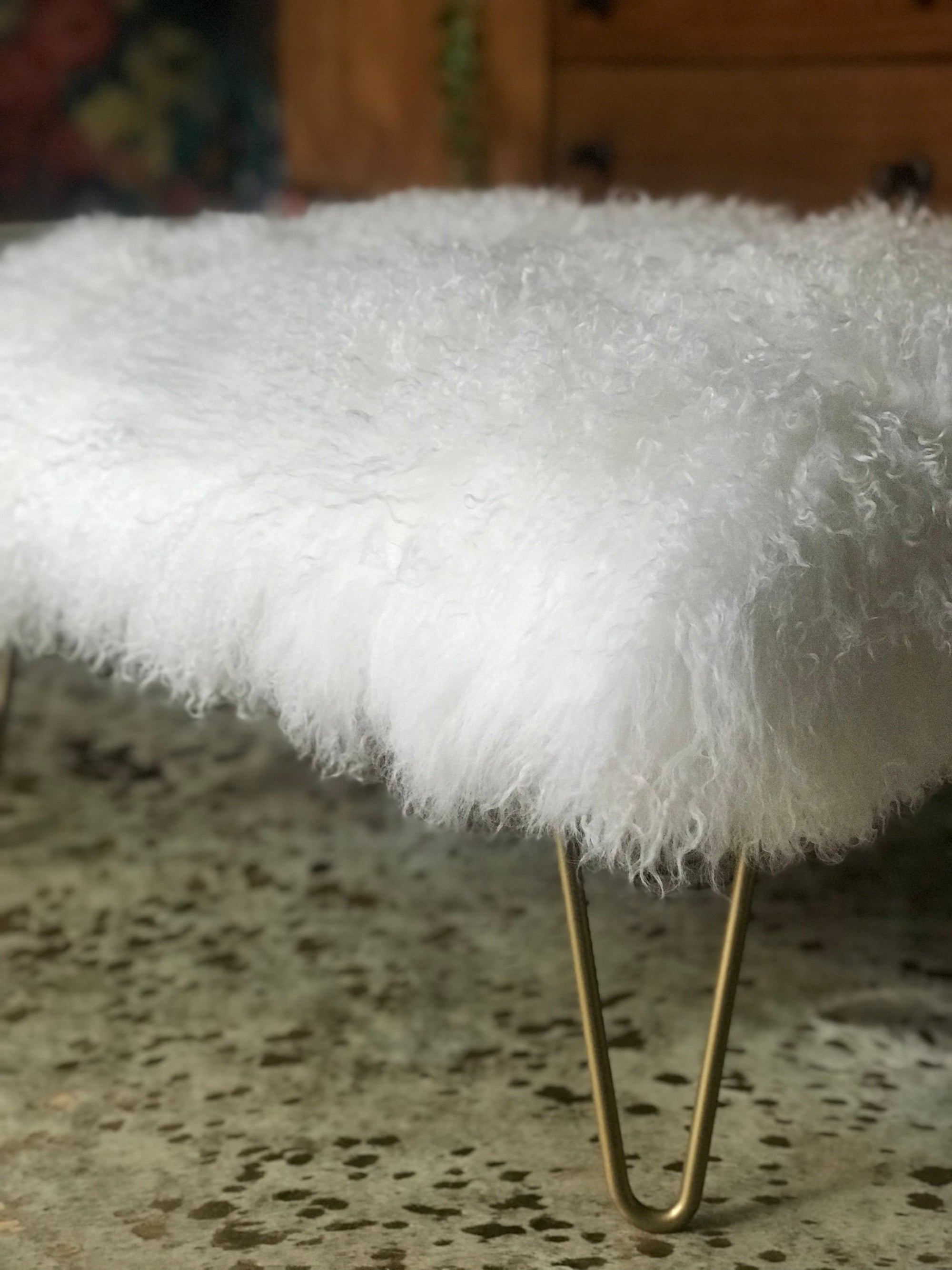 Mongolian Sheepskin footstool in white