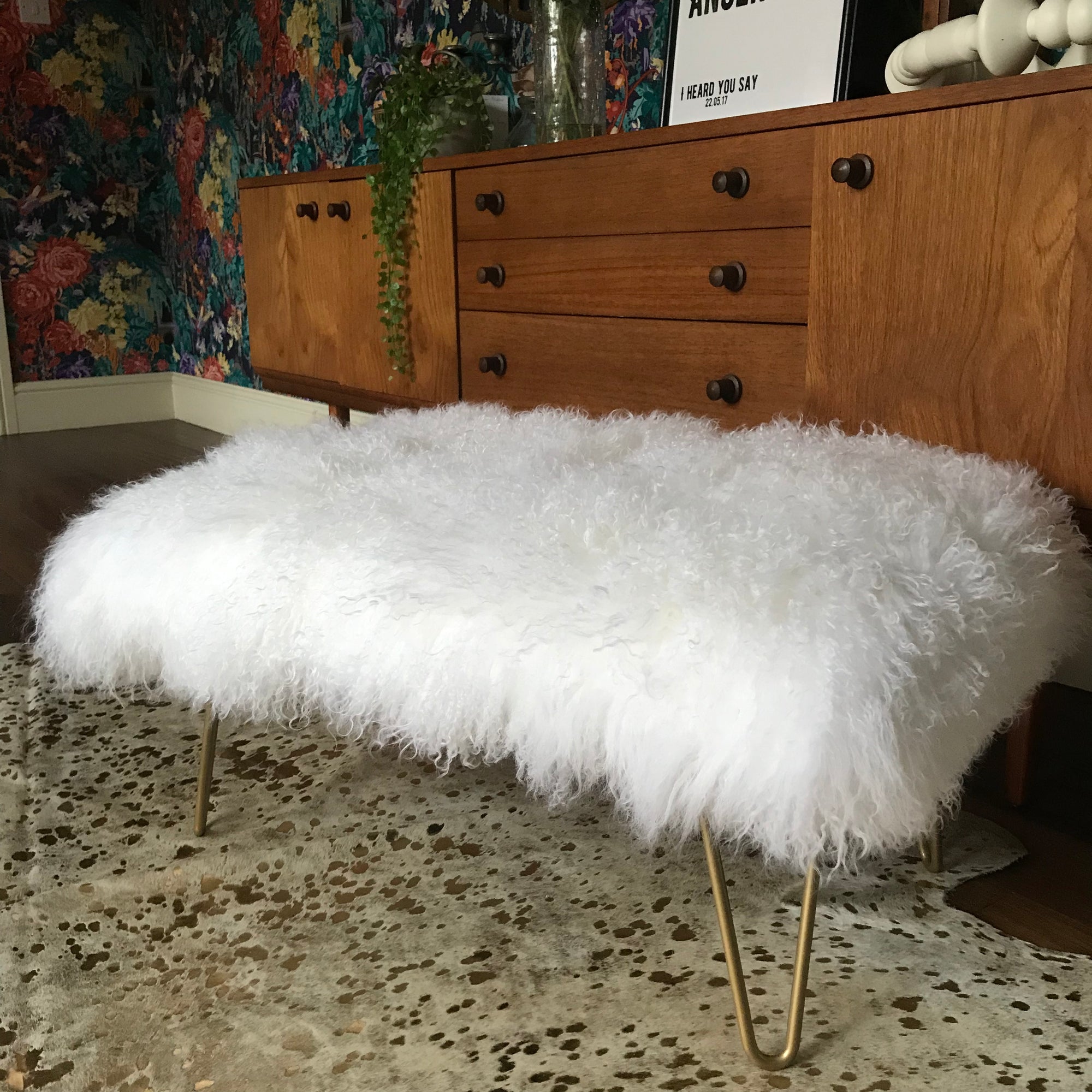 Mongolian Sheepskin footstool in white