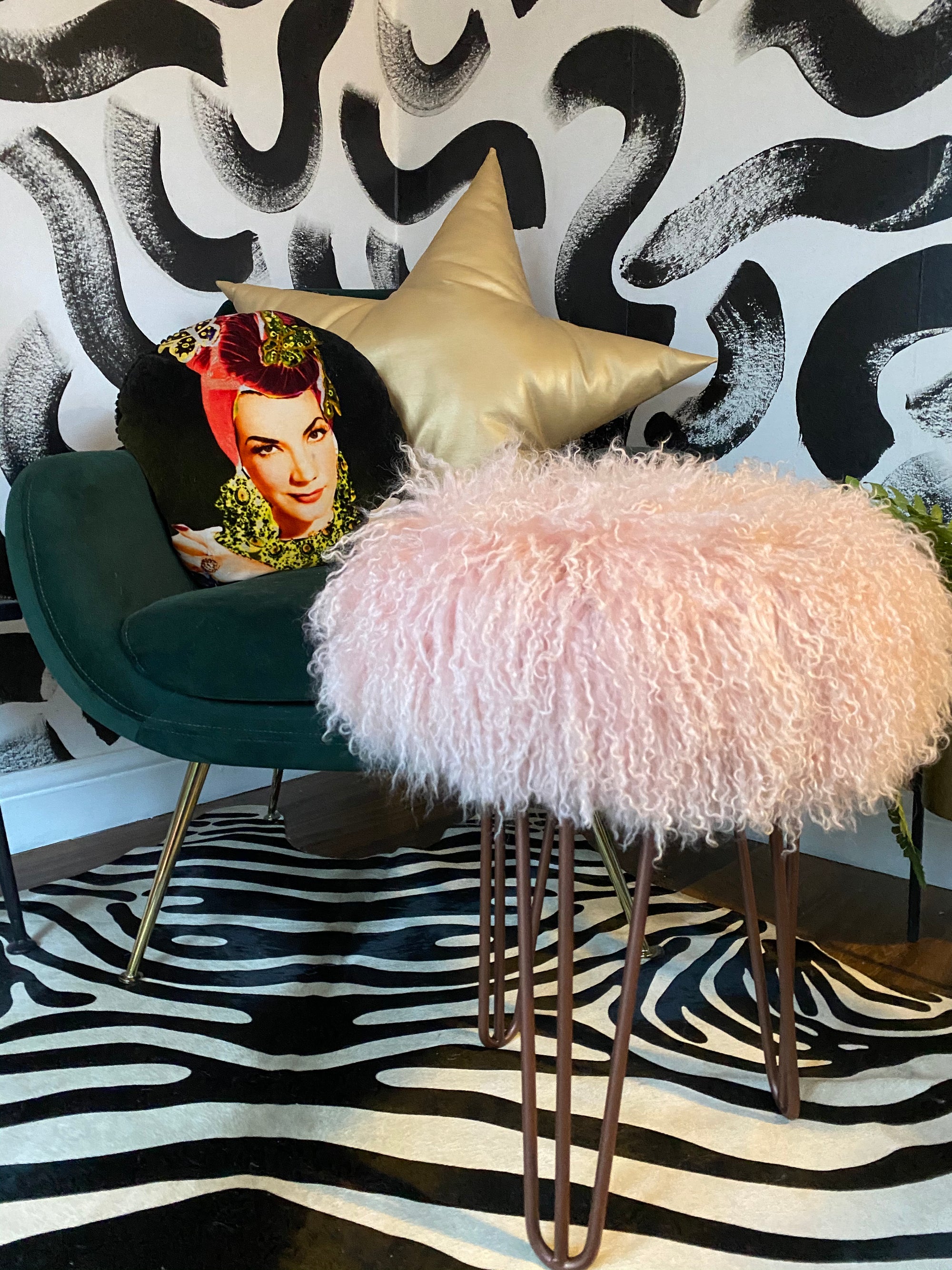 Mongolian Sheepskin Upholstered Console Stool