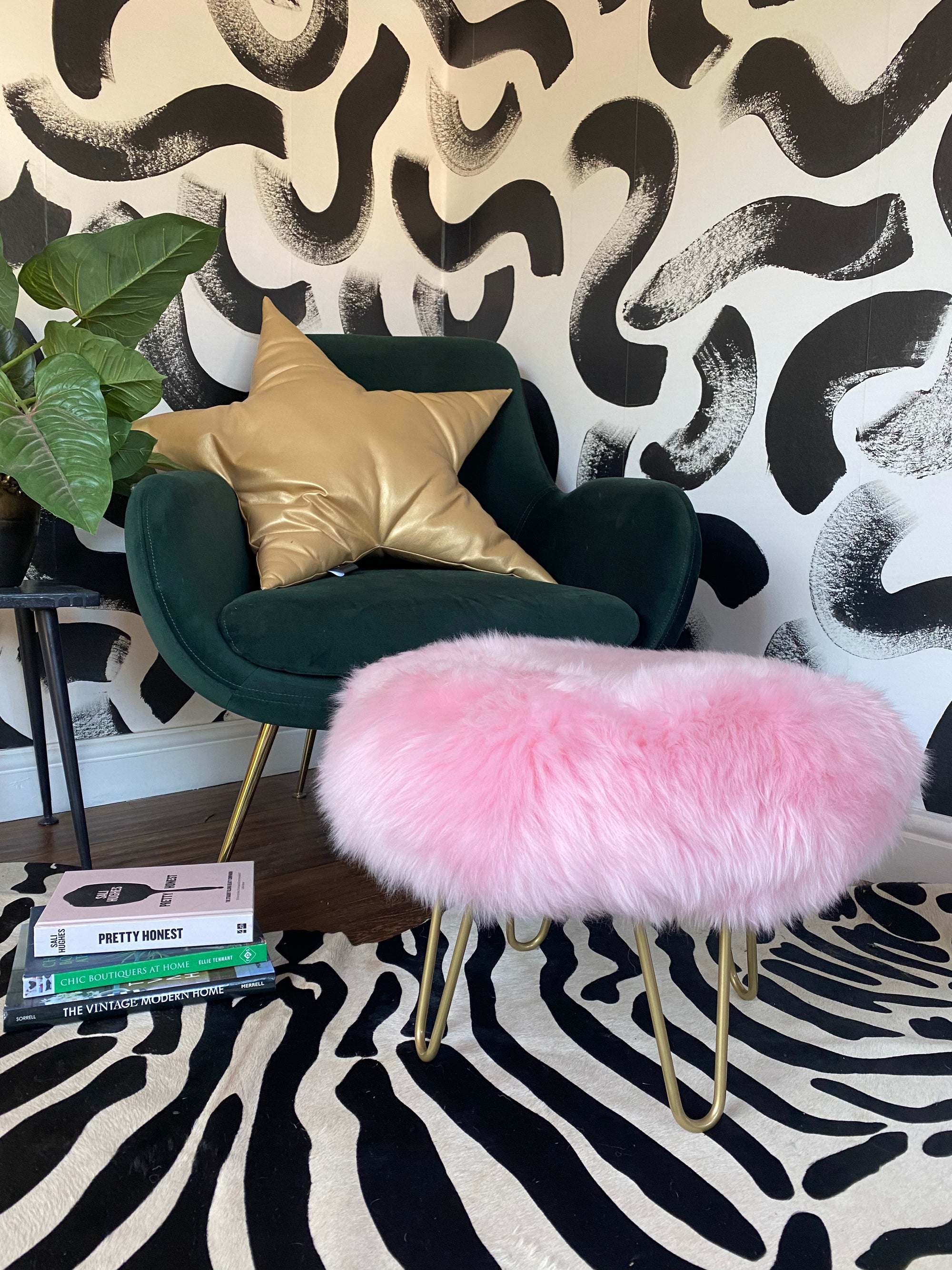 round sheepskin pink footstool pouffe hairpin leg