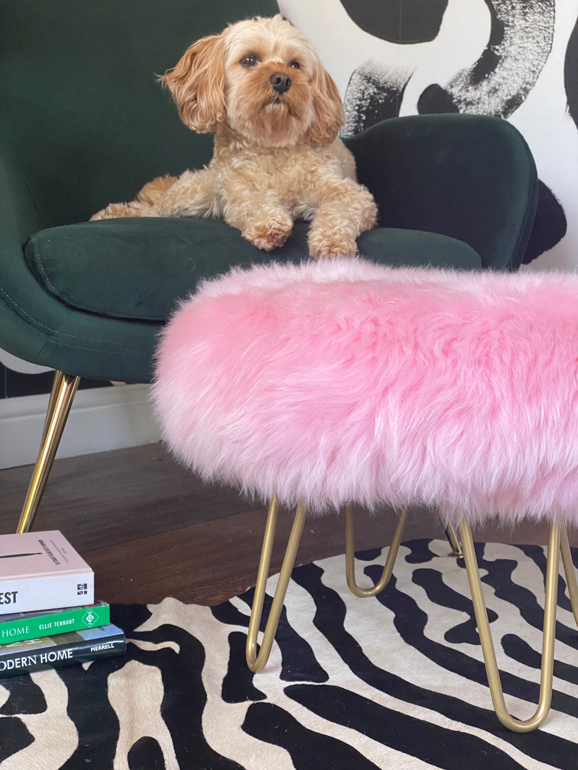 round sheepskin pink footstool pouffe hairpin leg