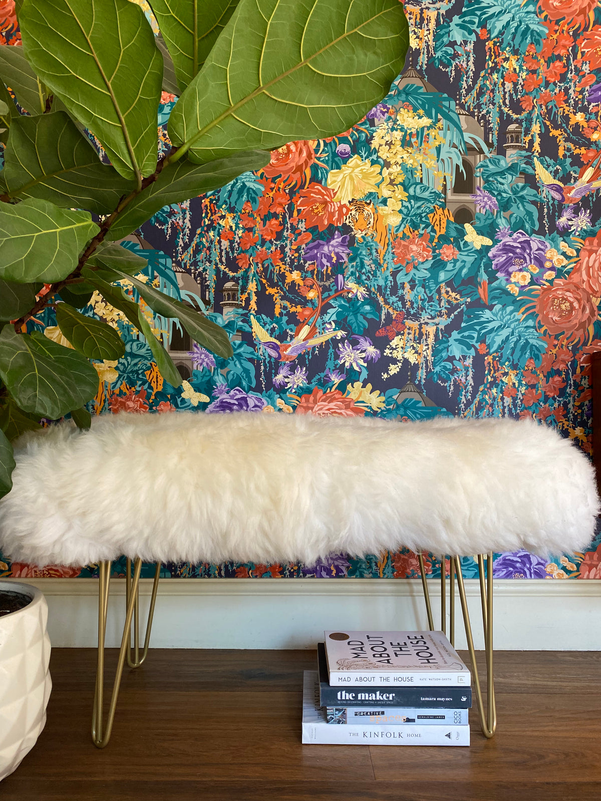 English Sheepskin upholstered bench with hairpin legs